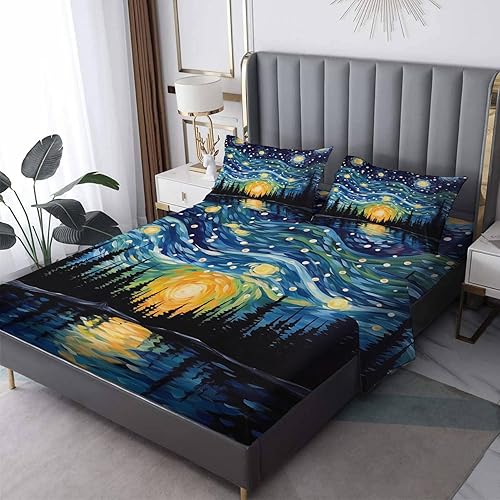 Starry Night Sábanas tamaño individual XL, sábanas de bosque, sábanas y fundas de almohada estampadas de 3 piezas, sábana bajera ajustable de
