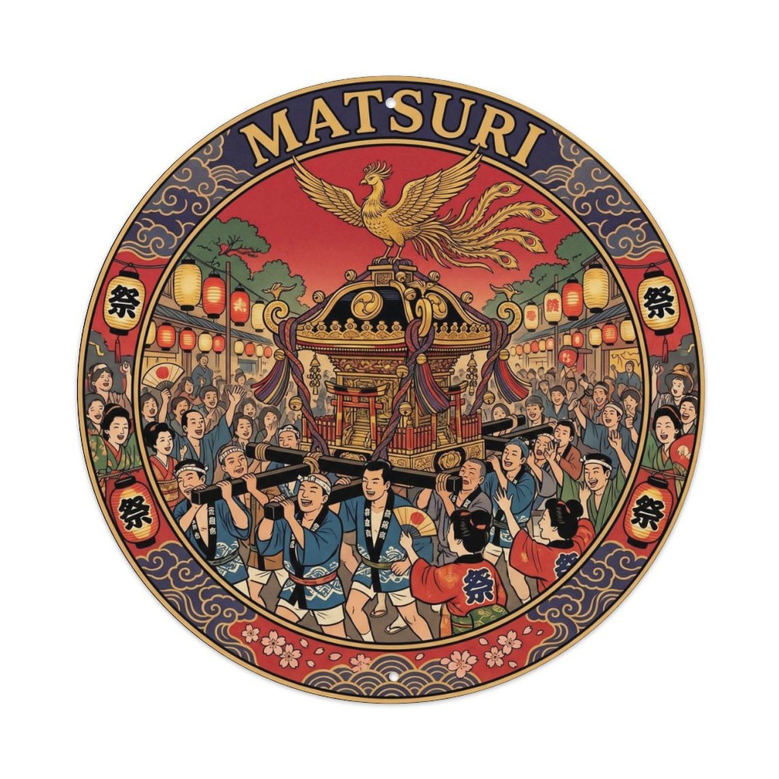 Olyhtr 8X8inch Classic Style Matsuri Mikoshi Woodblock Crimson Gold Japan Metal Tin Sign
