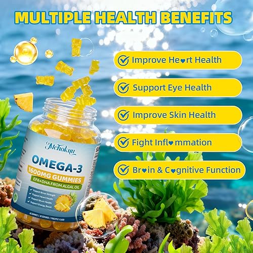Miniatura 4 de Gomitas veganas Omega-3 de 1600 mg de EPA y DHA de aceite de algas, alternativa al aceite de pescado para adultos y niños, suplemento Omega 3 con