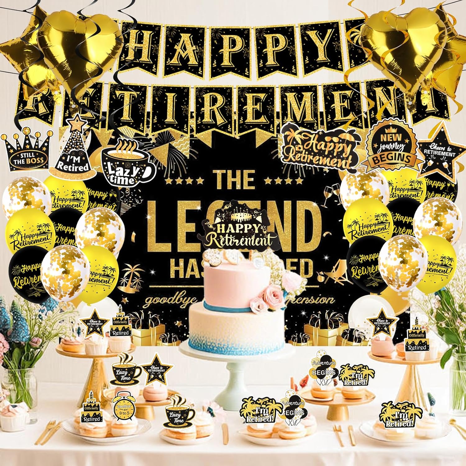 Elegant gold Retirement Decorations Kit for Women ang man - Features Banner, Backdrop, Swirls, Sash & Crown for Office Farewell Party Gift