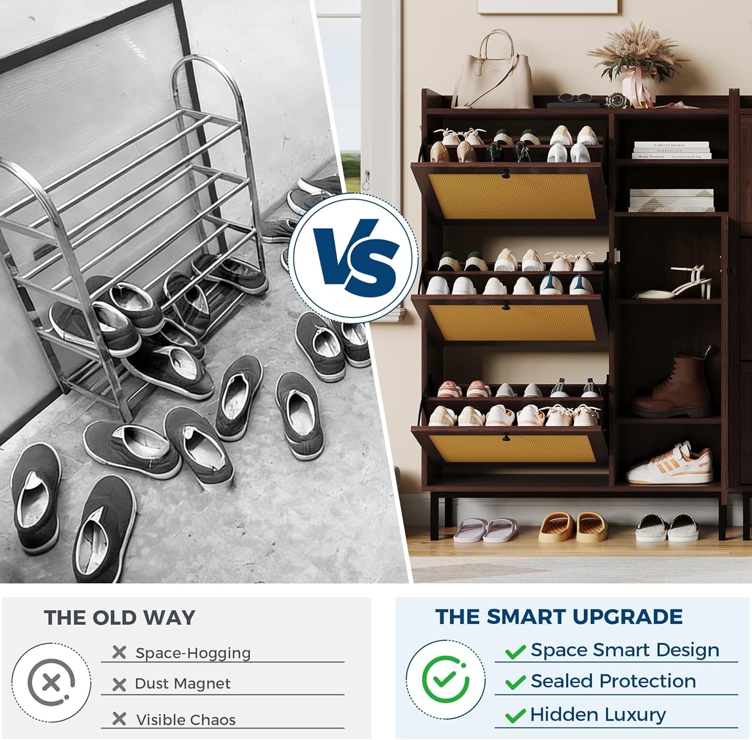 Garvee Freestanding Shoe Cabinet with 3 Flip Drawers and 5 Tier Shelves, Natural Rattan Shoe Organizer Storage for Entryway Hallway Closet