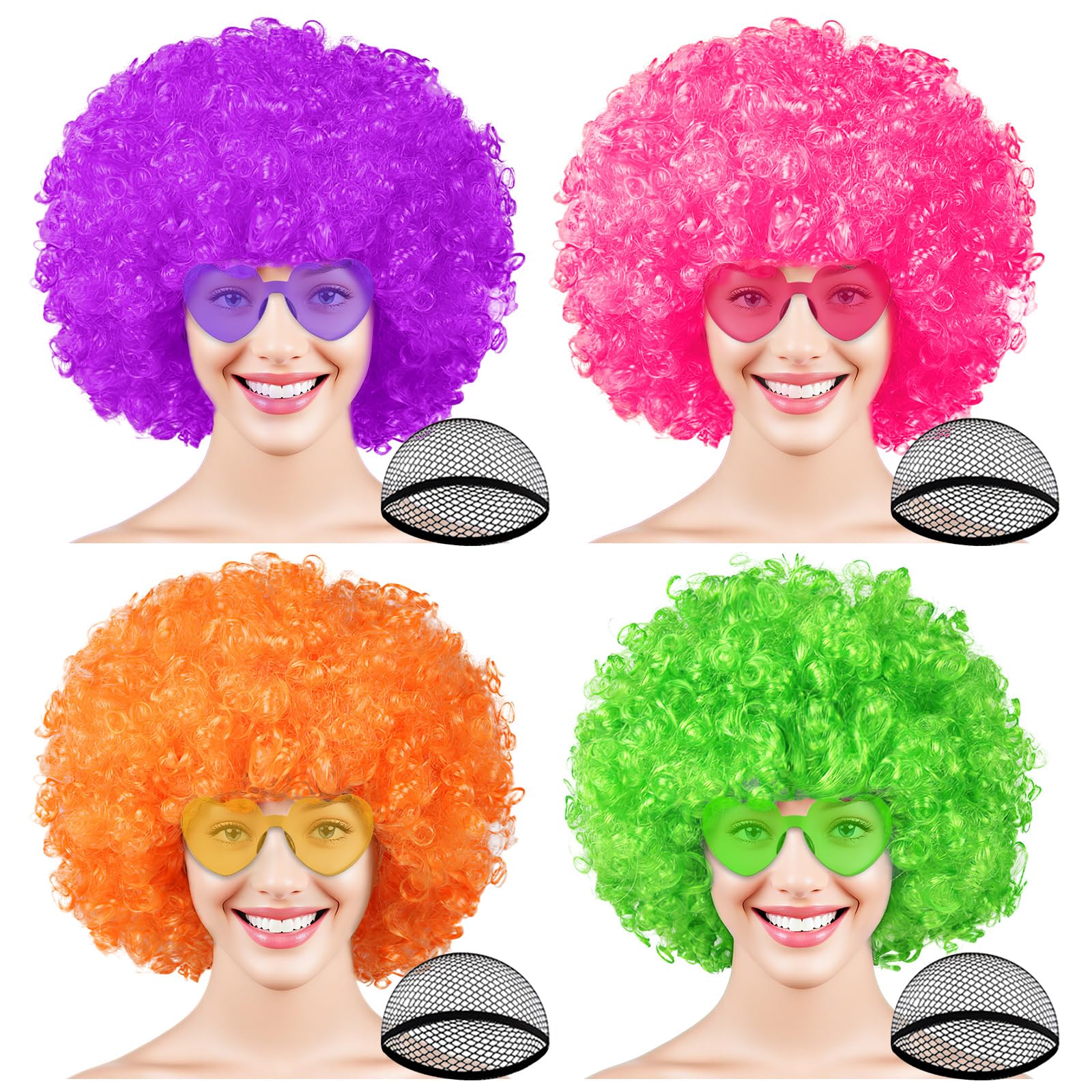 Photo 1 of PLULON 4 Pack Colored Afro Wig with Heart Sunglasses Hair Cap for Women Men, Funny Curly Afro Wigs Disco Hippie Party Hairpieces for Halloween Costume Cosplay Party Carnival Music Festival Decor