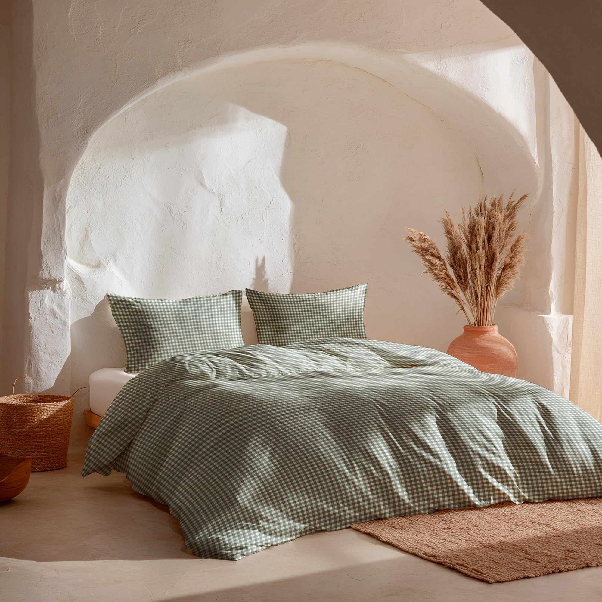 Parure de lit 180 cm 100 % coton Vichy vert GAMUSI Underzy avec taies 50 x 95 cm