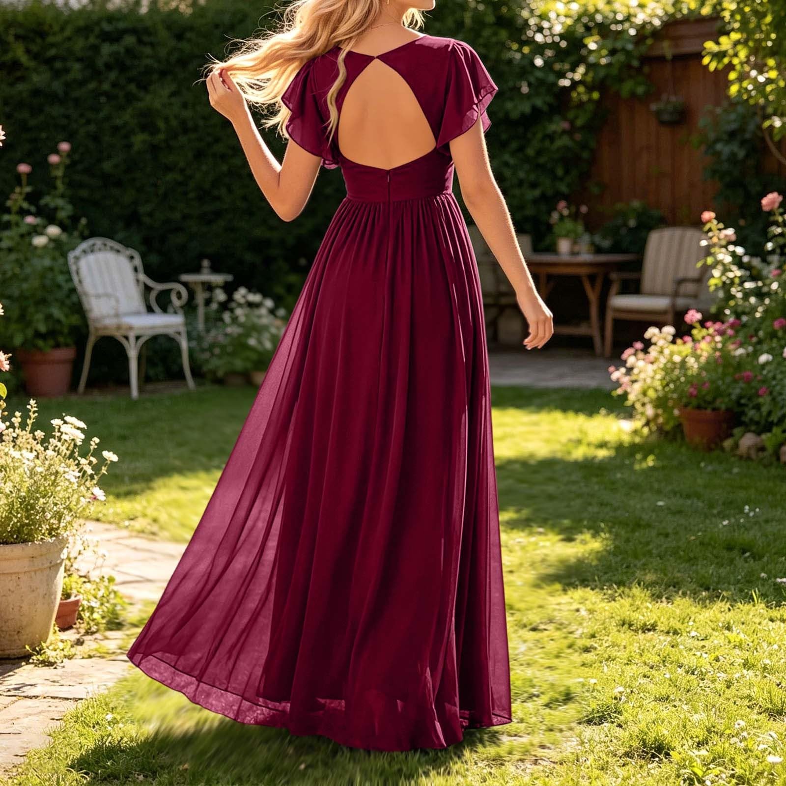 Vestido de noche para mujer, largo, elegante, de gasa, para bodas, con cuello en V, línea A, vestido de baile, vestido de dama de honor, vestido de dama de honor, vestido de fiesta, vestido de fiesta