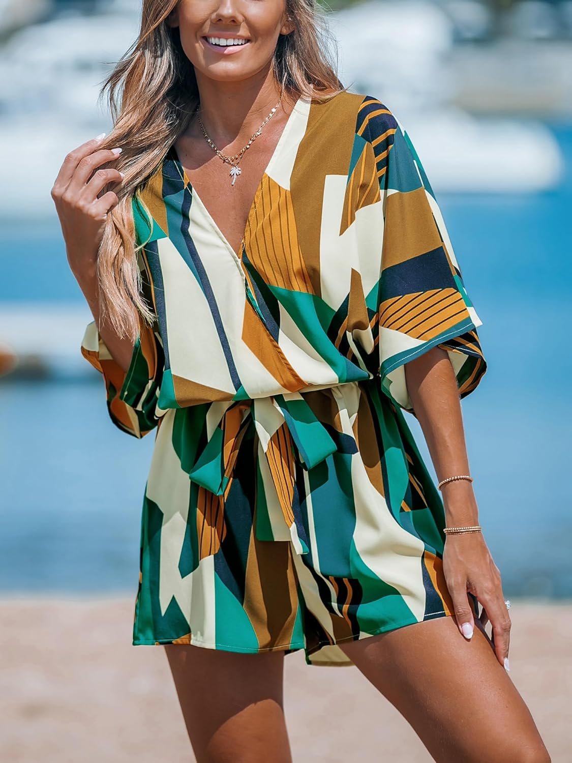 CUPSHE Women's Mini Romper Summer Beach Vacation Loose Fit Half Sleeve V Neck Resort Wear Tropical Holiday Short Jumpsuit