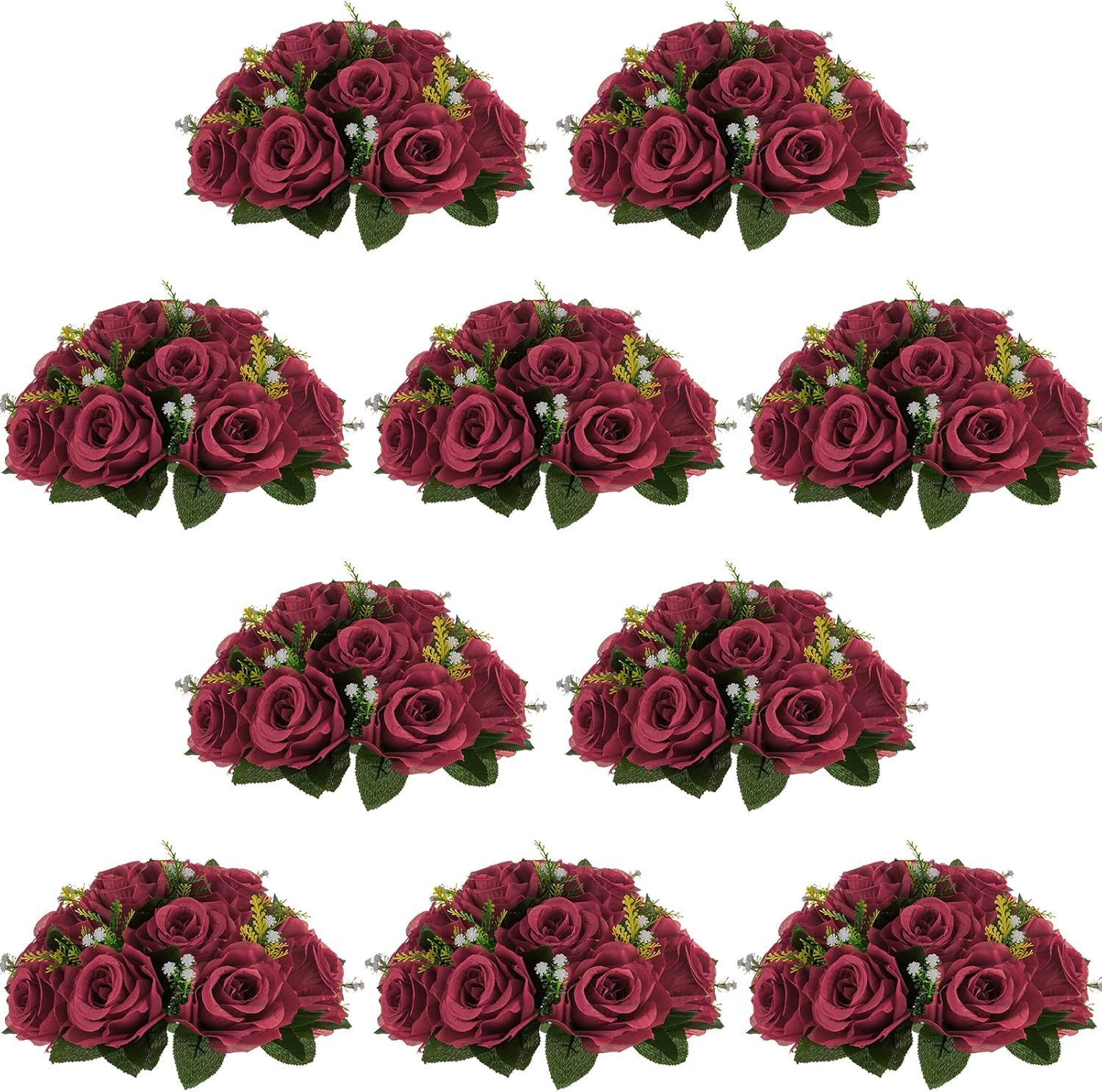 NUPTIO Flower Ball Arrangement Bouquet - 10 Pcs 9.5 inch Diameter Burgundy Fake Flowers Roses Balls for Centerpieces Tables - Artificial Rose Arrangements for Wedding Centerpiece Table Decorations