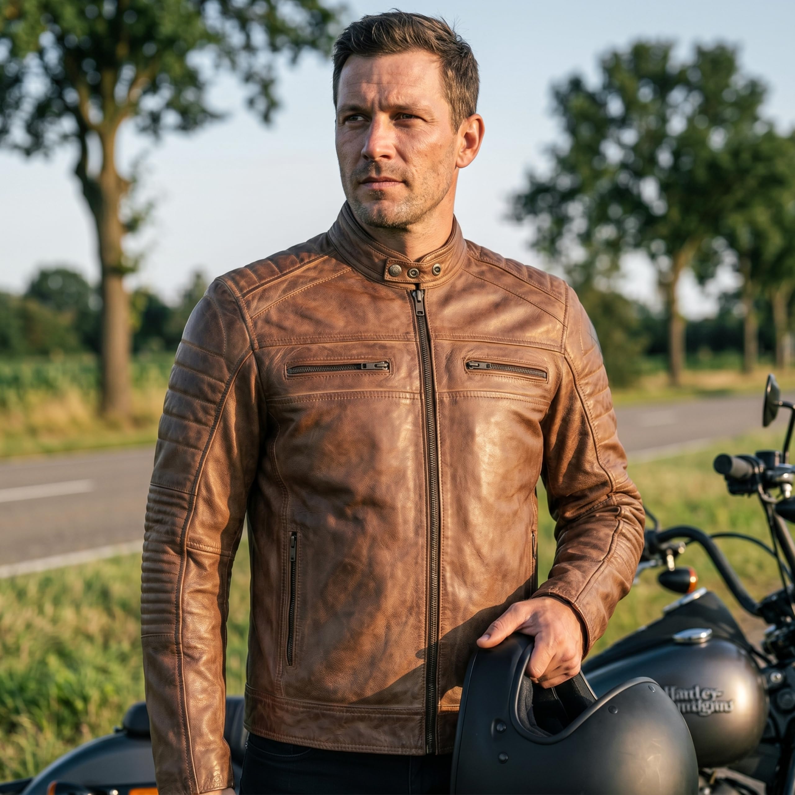 Leatherick Męska skórzana kurtka - postarzana brązowa skóra bydlęca styl retro vintage kurtka motocyklowa z wieloma kieszeniami