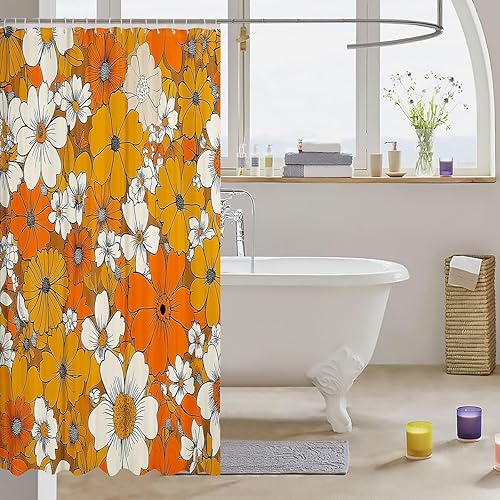 Miniatura 3 de Cortina de baño con diseño floral bohemio de 72 pulgadas de ancho x 72 pulgadas de largo, cortina de baño retro de los años 60 y 1970 para niños,