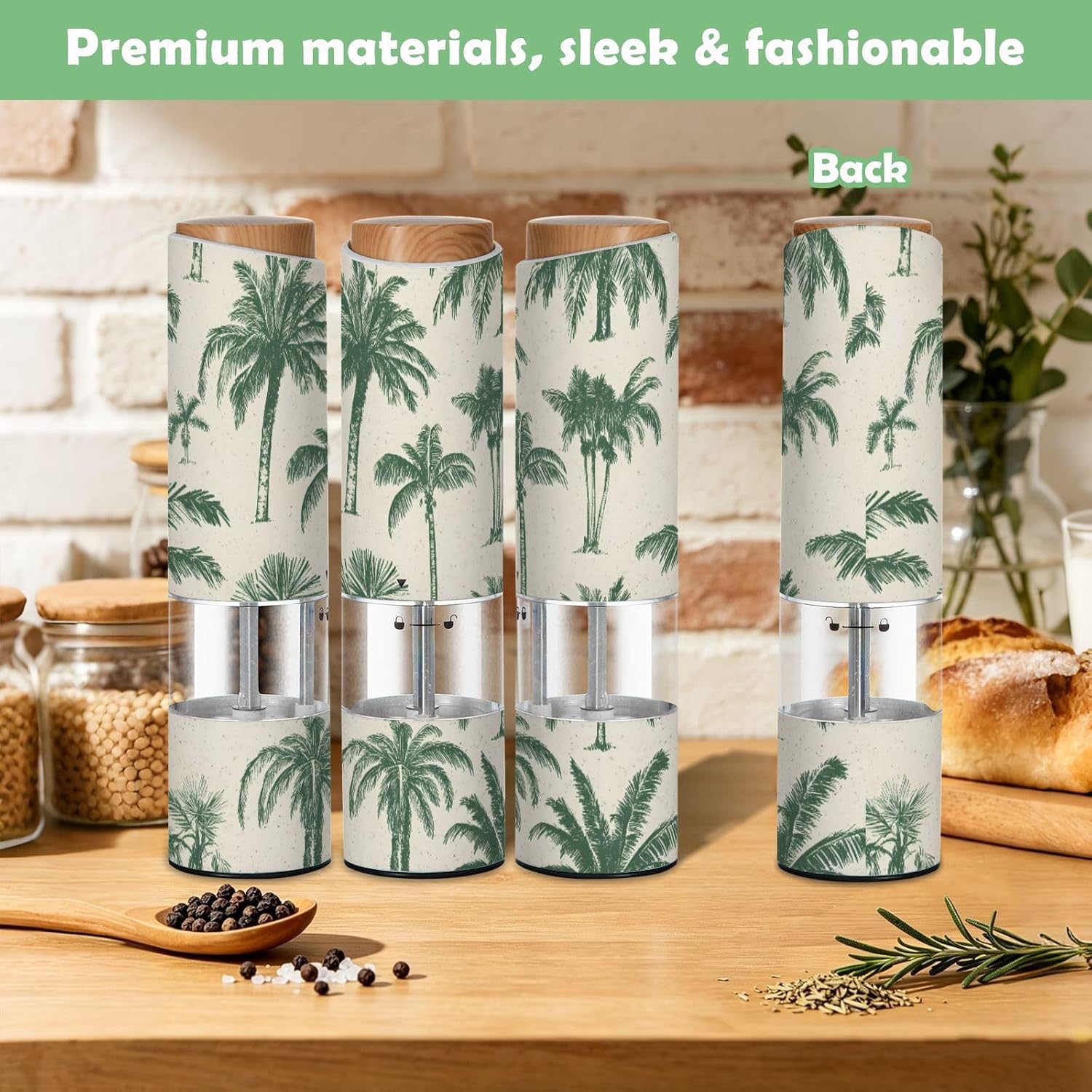 ALAZA Electric Pepper Grinder with Adjustable Coarseness, Palm Tree Pattern Green Battery Automatic Salt and Pepper Mill with Led, One-Handed Operation Spice Grinder for Kitchen, Camping & BBQ