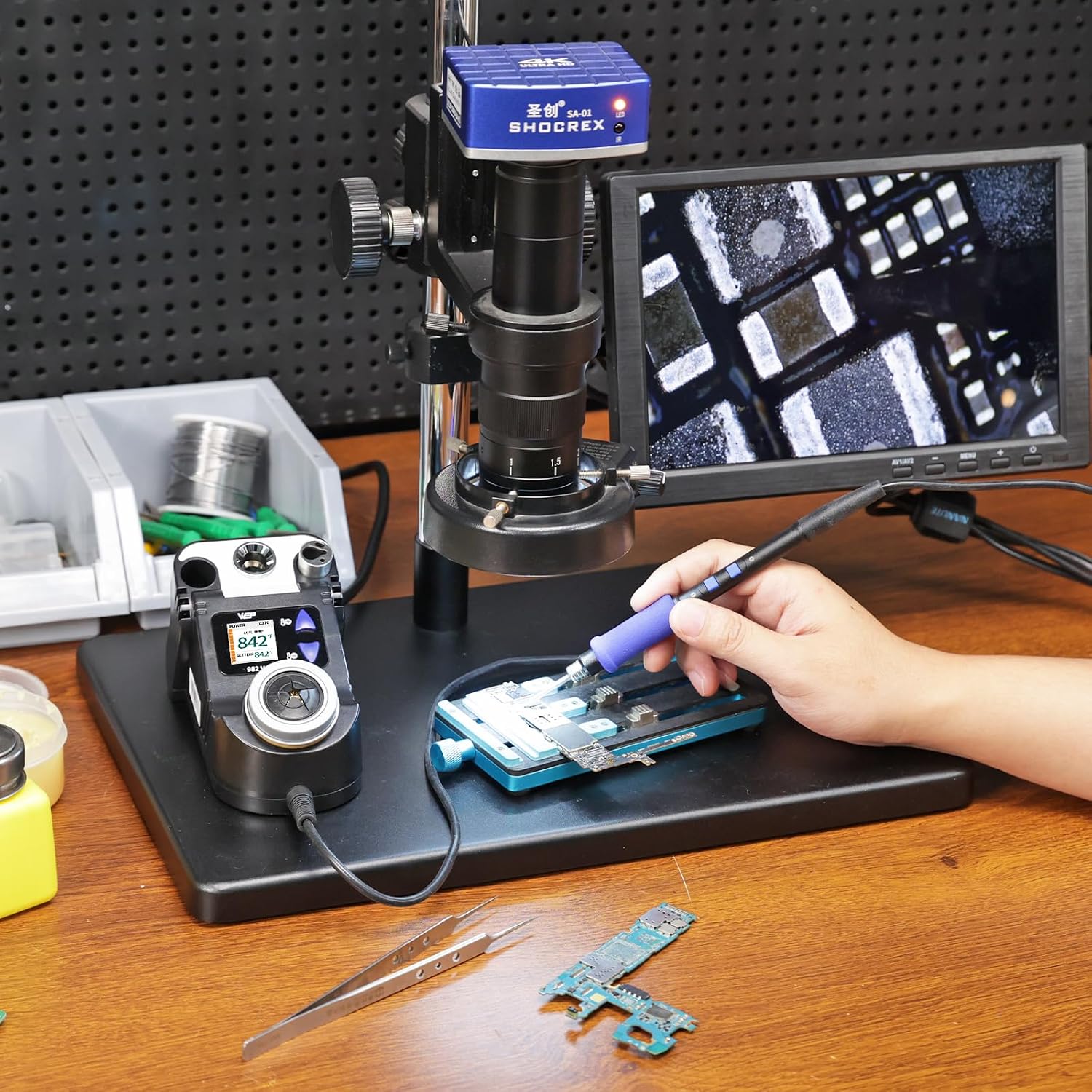 WEP 982-V C210 V1 Precision Soldering Station for Micro Electronics Repair, 5 Plug-in Tips, Lead-Free Solder, Tip Cleaner, PID, Sleep Mode, Designed for Small Components, Ribbon and Jumpers