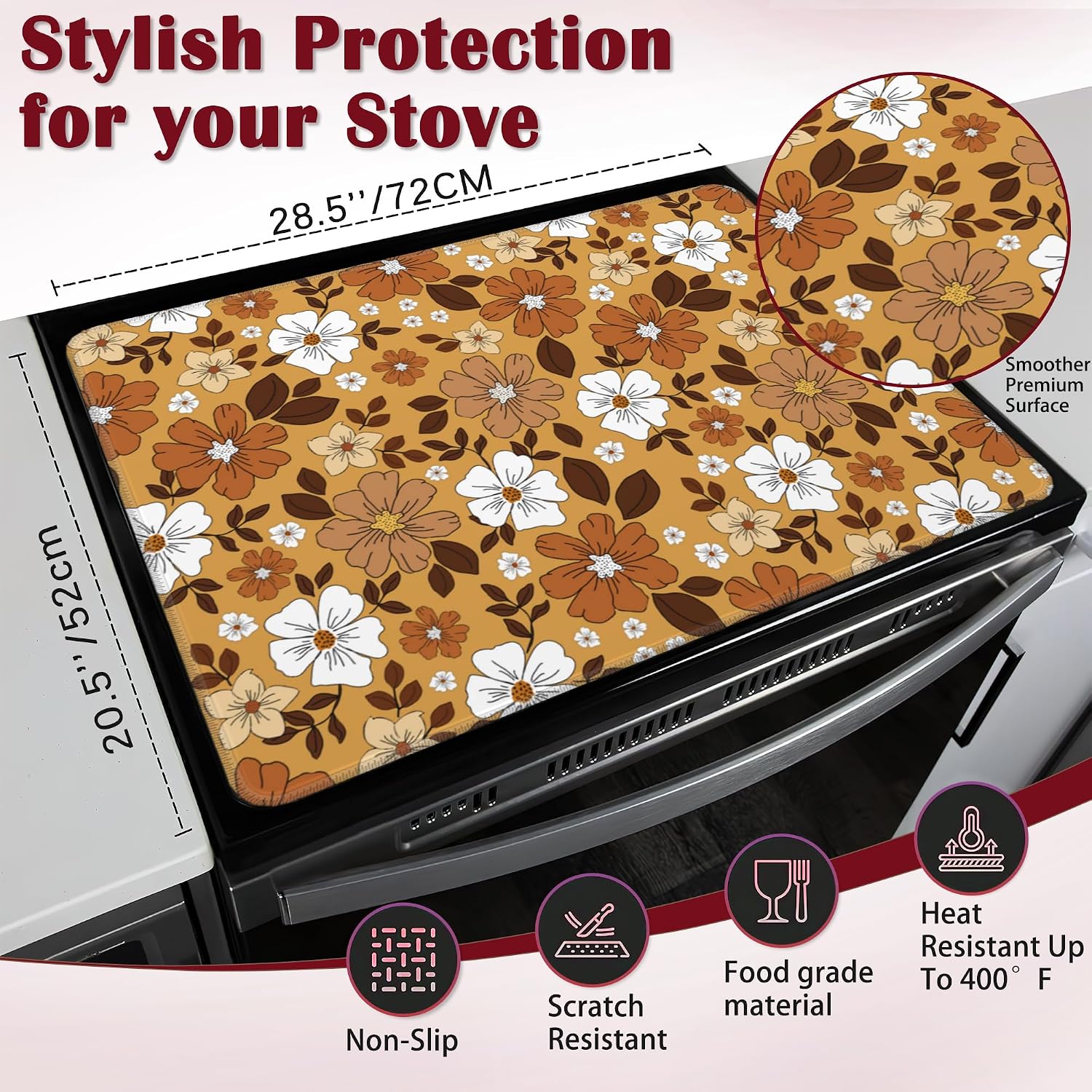 Vintage Floral Electric Stove Top Cover Protector,White Brown Flowers Glass Flat Top Stove Mat,Heat-Resistant Oven Induction Cooktop Mat for Ceramic Countertop Mats Dish Drying Mat