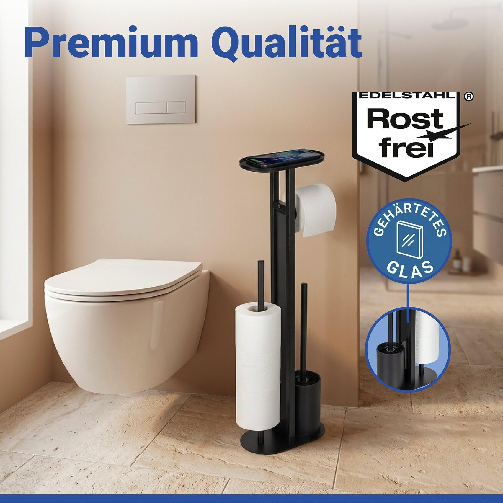 WENKO Stand WC-Garnitur Mod. Orea aus Stahl mit schwarzem Trennglas, WC Bürste, Toilettenpapierhalter, Ersatzrollenhalter für bis zu 4 Rollen und Smartphone-Ablage, stehend, ohne Bohren, schwarz