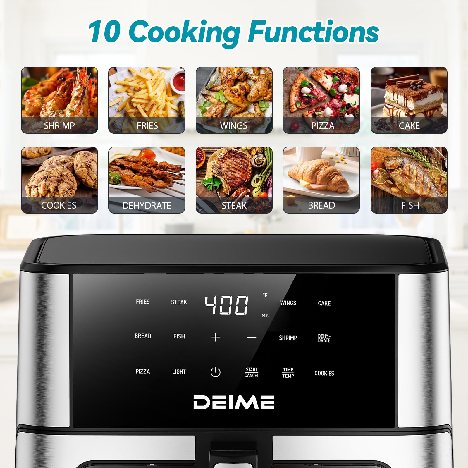 DEIME Air Fryer 10.2 QT Oilless 1700W Large Capacity Oven Air Fryers Healthy Cooker with 10 Preset, Large AirFryer for Families Visual Cooking Window, Non-Stick Basket, Included Recipe