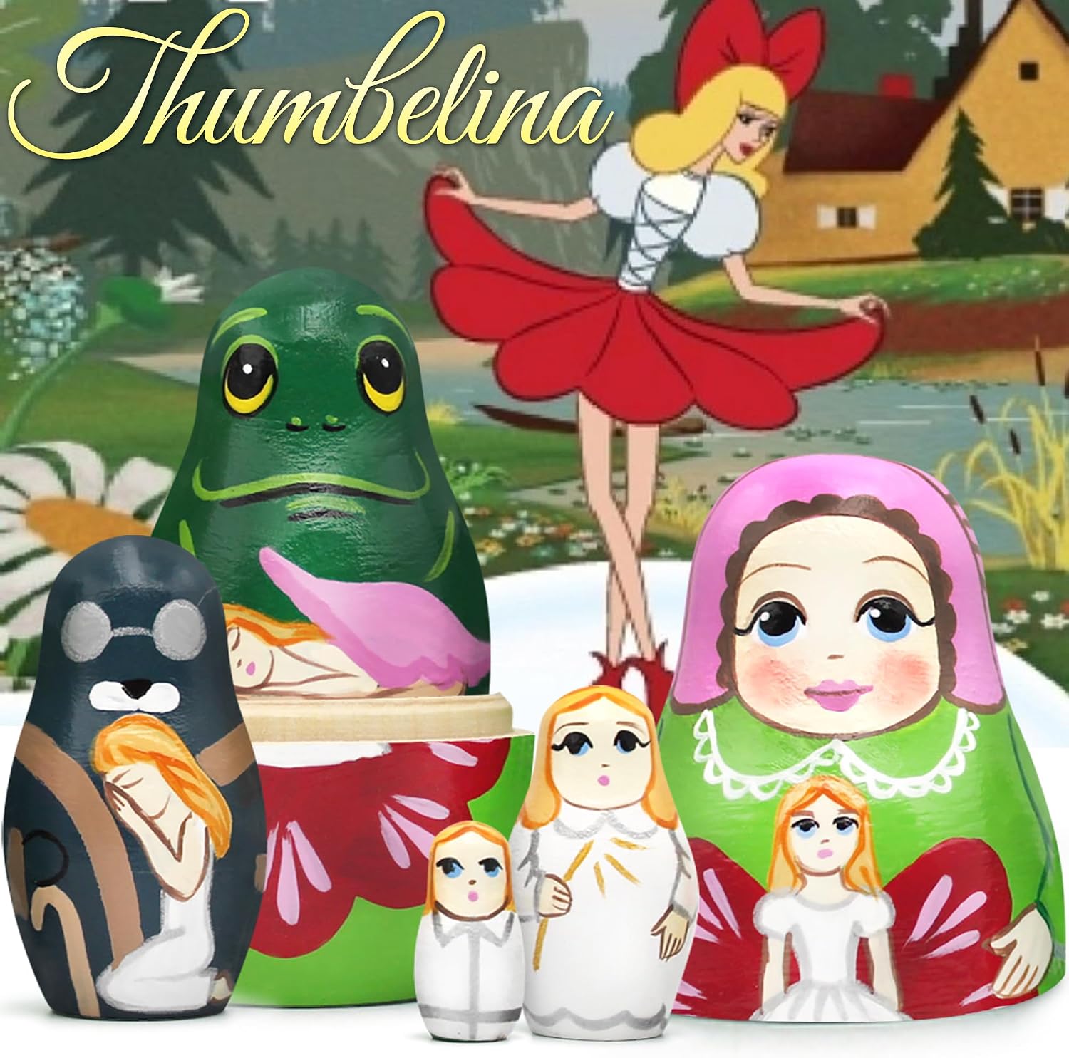 AEVVV Thumbelina Fairy Nesting Dolls Set 5 pcs - Russian Wooden Matryoshka - Handmade and Hand Painted Baboushka Nesting Dolls