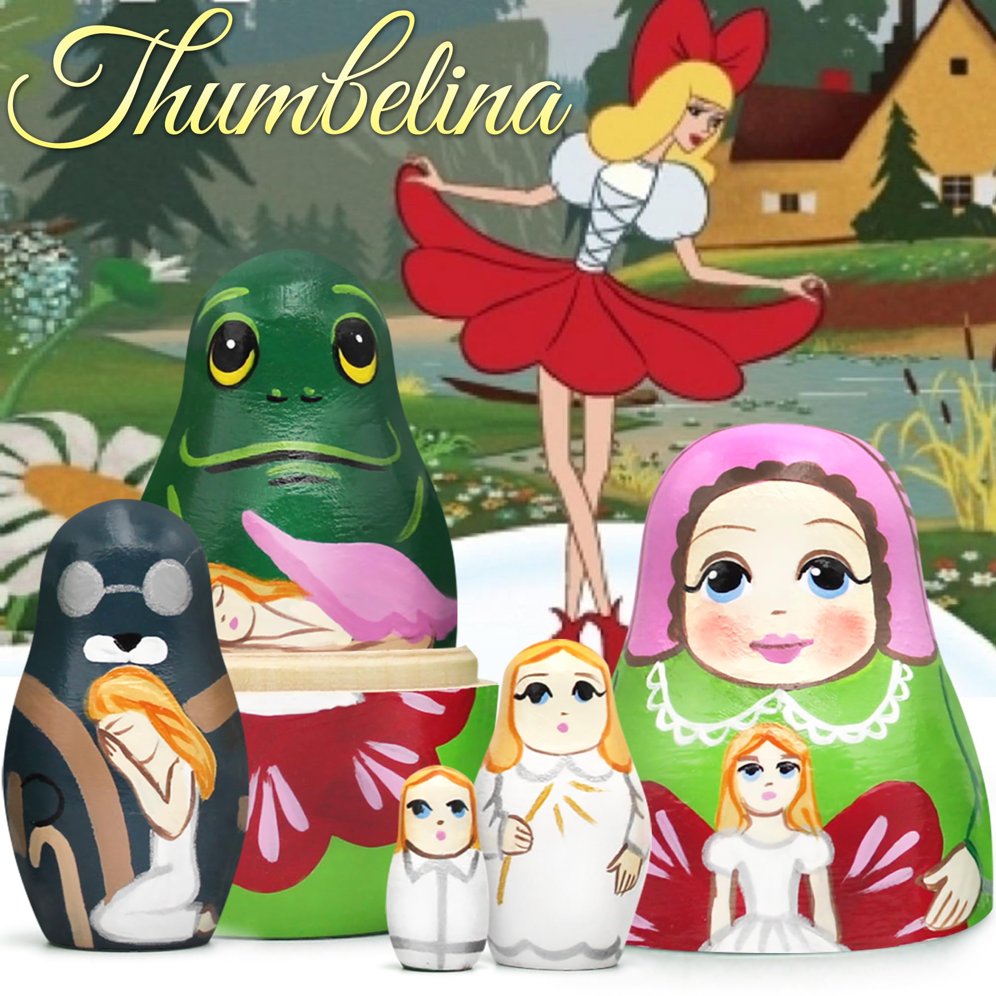 AEVVV Thumbelina Fairy Nesting Dolls Set 5 pcs - Russian Wooden Matryoshka - Handmade and Hand Painted Baboushka Nesting Dolls