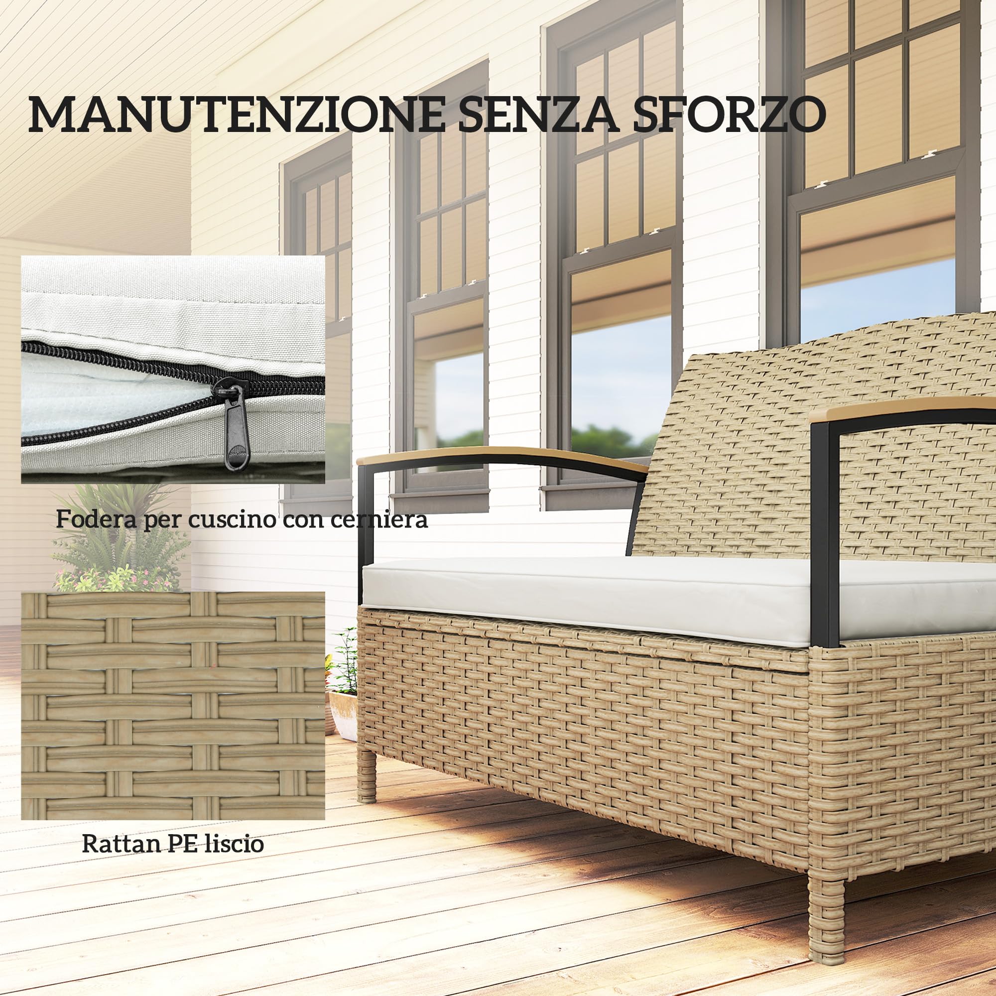Outsunny Baule da Esterno, Panca Contenitore da Giardino 125L, Divanetto 2 Posti in Rattan PE con Cuscino Imbottito, Struttura in Metallo per Patio, Giardino e Balcone, Cachi