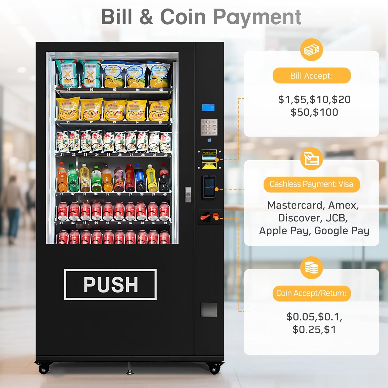 60-Slot Refrigerated Snacks and Drinks Vending Machine 4-25°C Adjustable Cooling, with Anti-Fog Glass, Card Reader, Bill and Coin Payment for Malls, Offices, Public Spaces