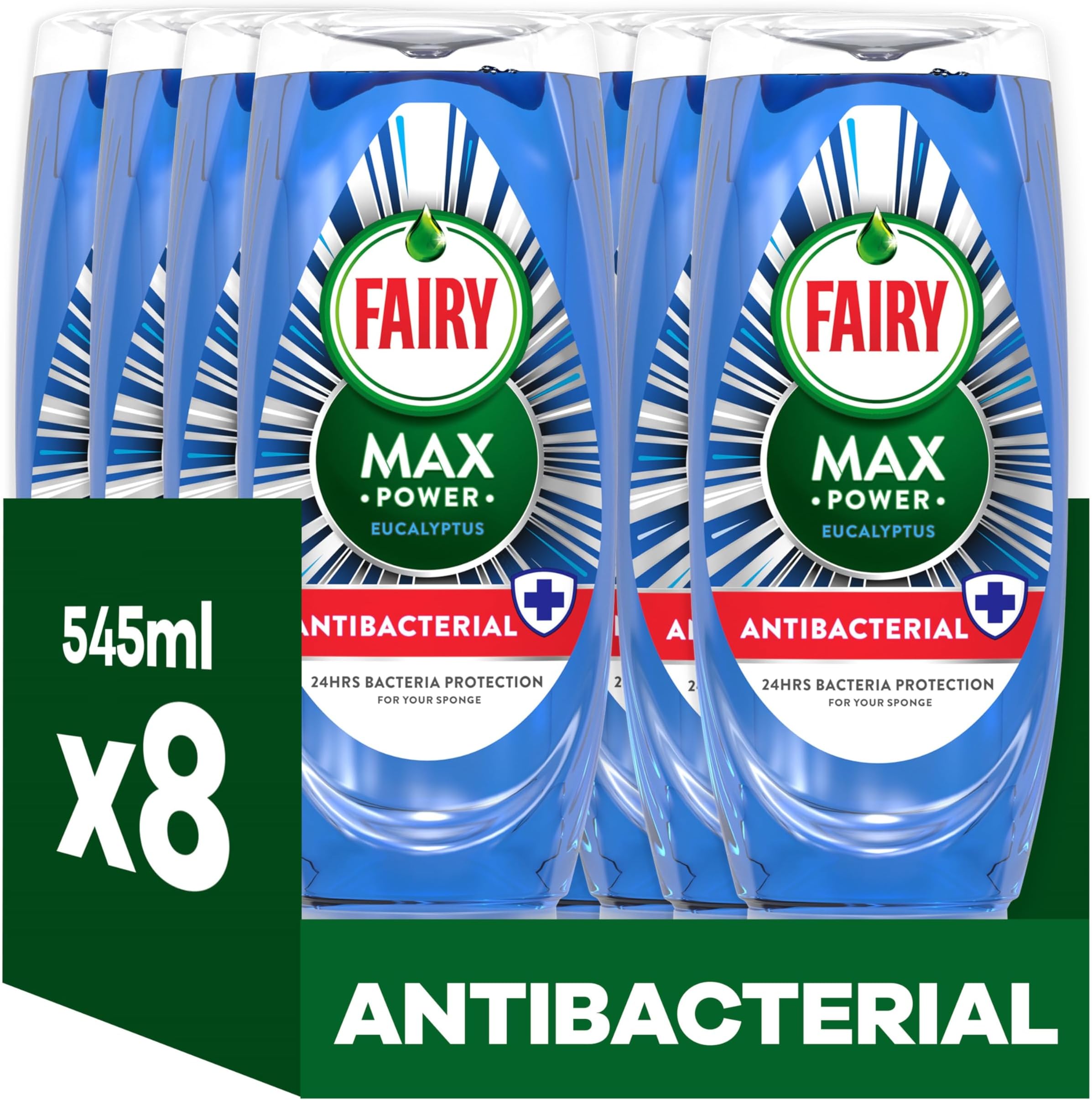 Max Power Washing Up Liquid Antibacterial 8 x 545ML, Easy & Effortless Cleaning, Even On Your Greasiest Pots & Pans