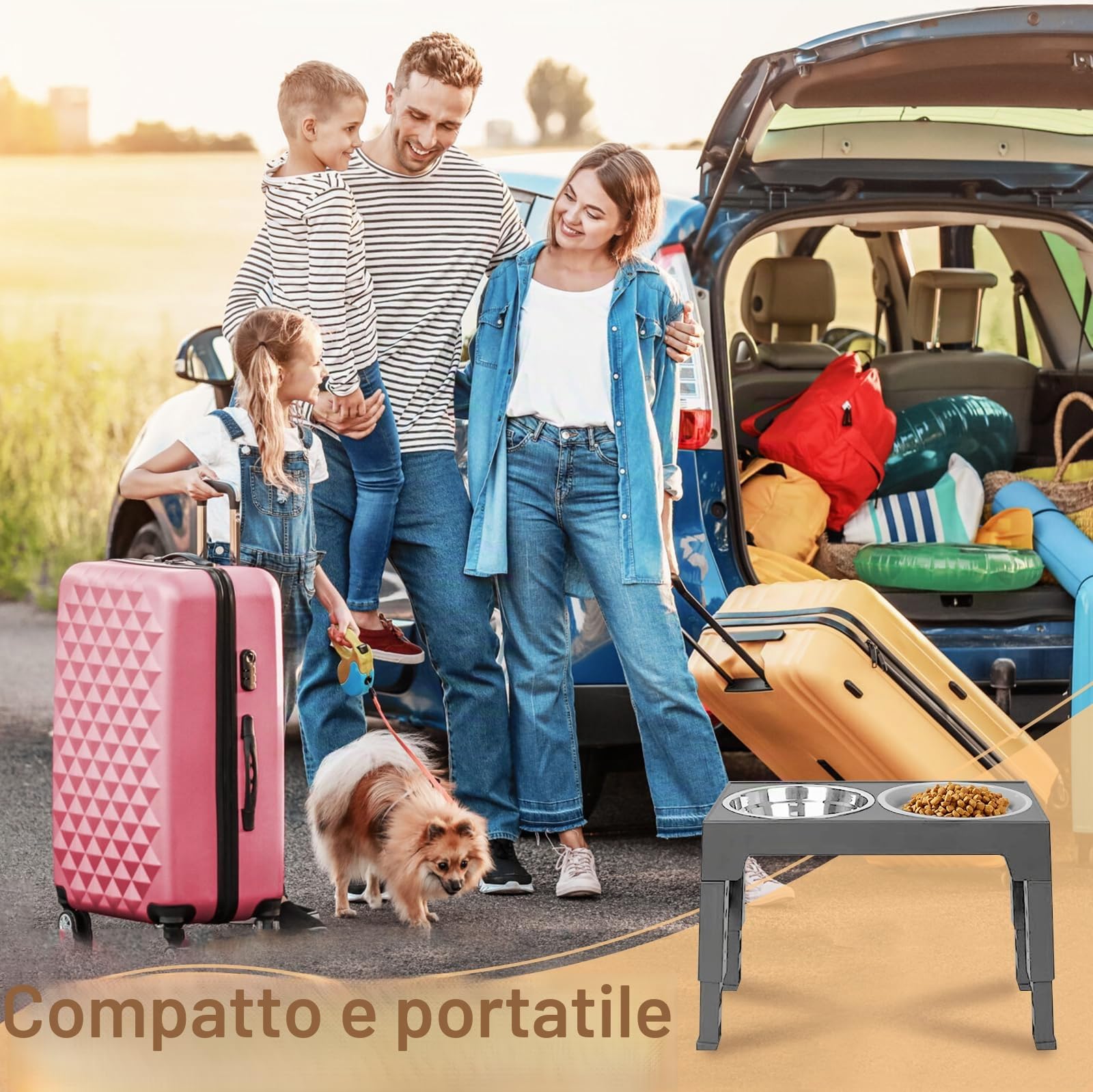 Ciotola Rialzata per Cani, 4 Altezze Regolabili, Ciotole in Acciaio Inox e Mangiatoia Lenta Anti-Ingozzamento, Supporto Antiscivolo Pieghevole per Cani di Tutte le Taglie e Gatti