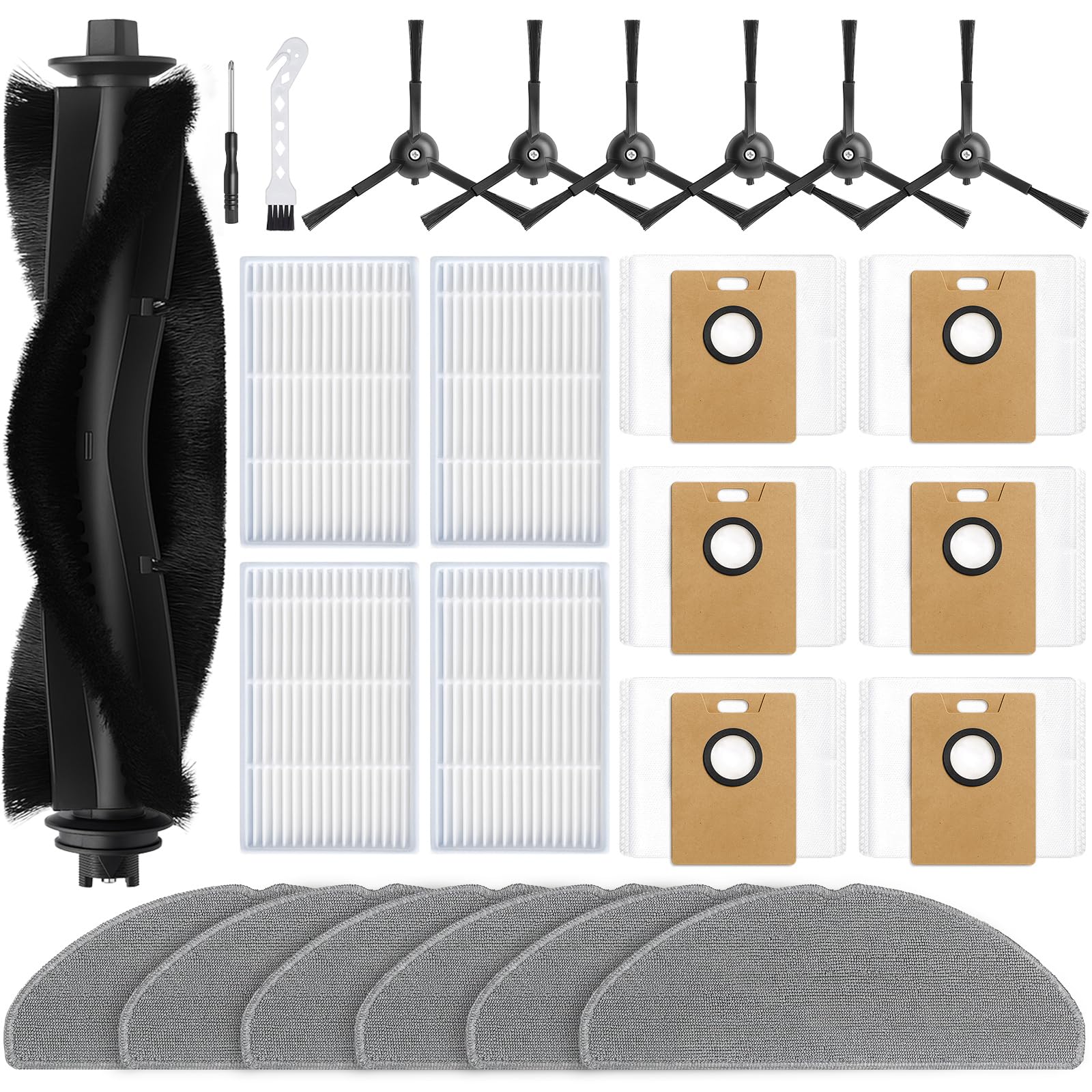 23 Pcs Accessory for Tapo RV30 Max Plus, RV30 Max, RV20 Max Plus, RV20 Max Vacuum Cleaner Replacement Part, 1 Main Brush, 4 Filters, 6 Mops, 6 Dust Bags, 6 Side Brushes