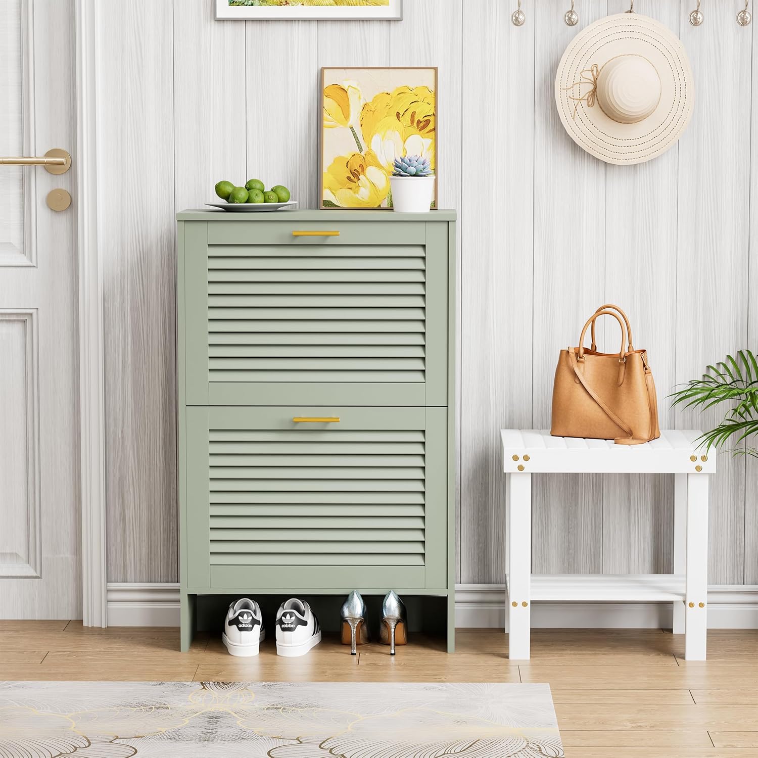 Shoe Storage Cabinet for Entryway, Louvered Shoe Cabinet with 2 Flip Drawers, Narrow Hidden Storage Organizer Space Saving, Shoe Rack Cabinet for Hallway Foyer Green