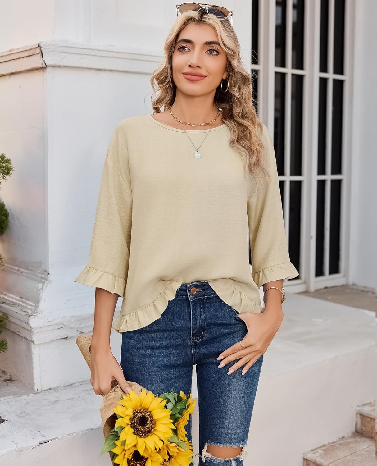 siliteelon Womens 3/4 Sleeve Tops Summer Tshirts Ruffle Flowy Crew Neck Dressy Casual Blouses 2026 Trendy Cute Work Outfits - Image 4