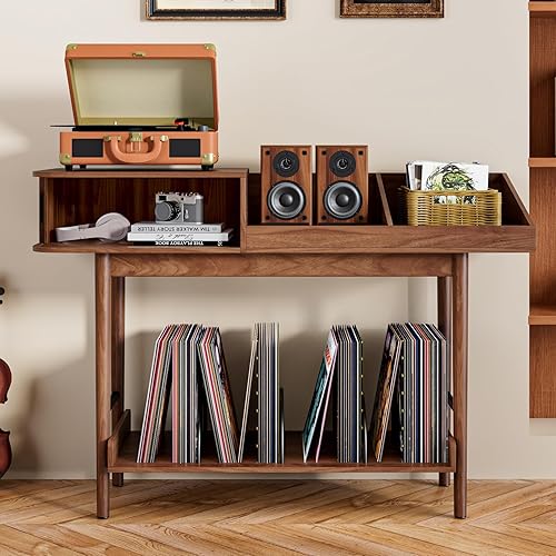 Miniatura 7 de Soporte para tocadiscos moderno de mediados de siglo, almacenamiento de discos de vinilo con puertas corredizas acanaladas, mesa grande para