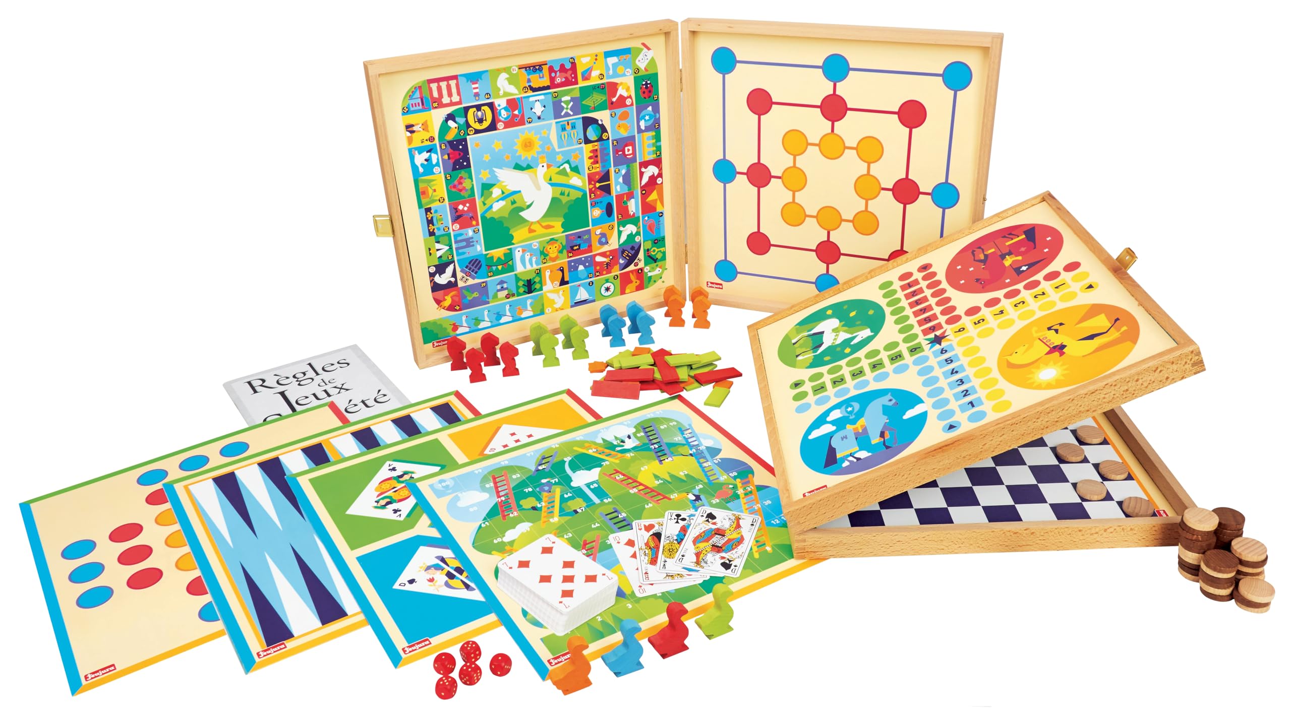 JEUJURA - Coffret Jeu de Sociétés 150 Règles - Jeu en Bois dès 3 Ans - 8125 | Jeux traditionnels - Jeux des petits chevaux, de l'oie, des dames, nain jaune, yams, 421, loto - Jeu Enfant et Famille