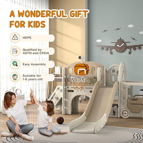 Miniatura 8 de Qaba Tobogán 9 en 1 para niños de 1 a 6 años, tobogán para bebé con temática de automóvil con aro de baloncesto, escalador, espacio de