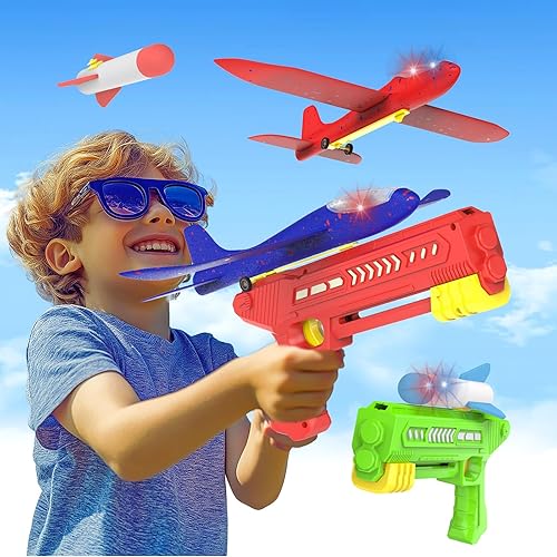 le-idea Paquete de 4 lanzadores de aviones de espuma para niños, avión de espuma LED para niños con 2 lanzadores, 2 modos de vuelo, juguetes