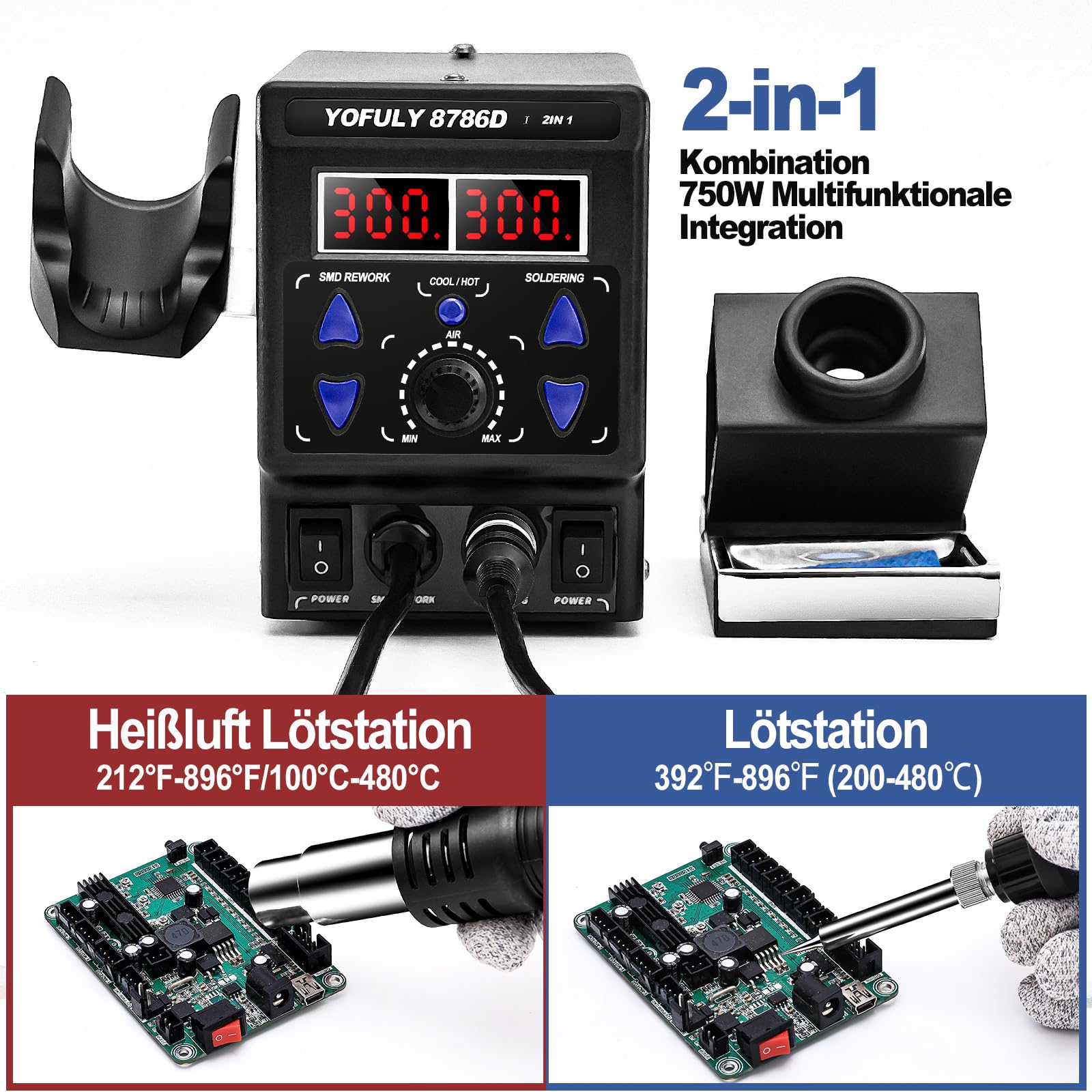 Yofuly 750W Lötstation, 2 in 1 Heißluft Lötstation Lötkolben Set 8786D SMD Entlötstation & Lötstationen 392°F -896°F Einstellbare Temperatur LED Digital Anzeige 5 Zusätzliche Lötspitzen (EU)