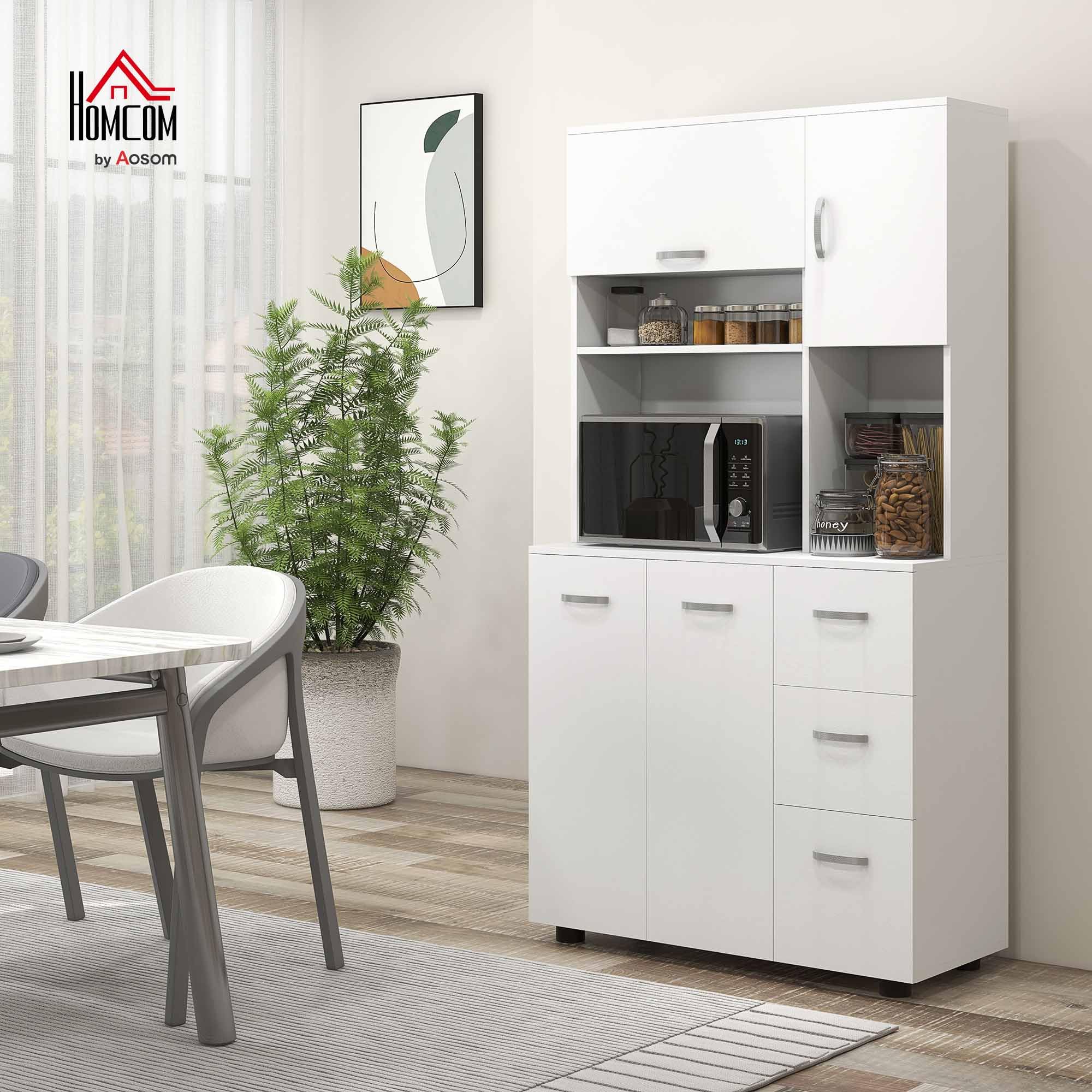 HOMCOM Küchenschrank Hochschrank mit 3 Offenen Fächern, 4 Türen und 3 Schubladen Buffetschrank Vitrinenschrank Mikrowellenschrank mit Verstellbaren Ablagen, Weiß, 89 x 39,5 x 168 cm