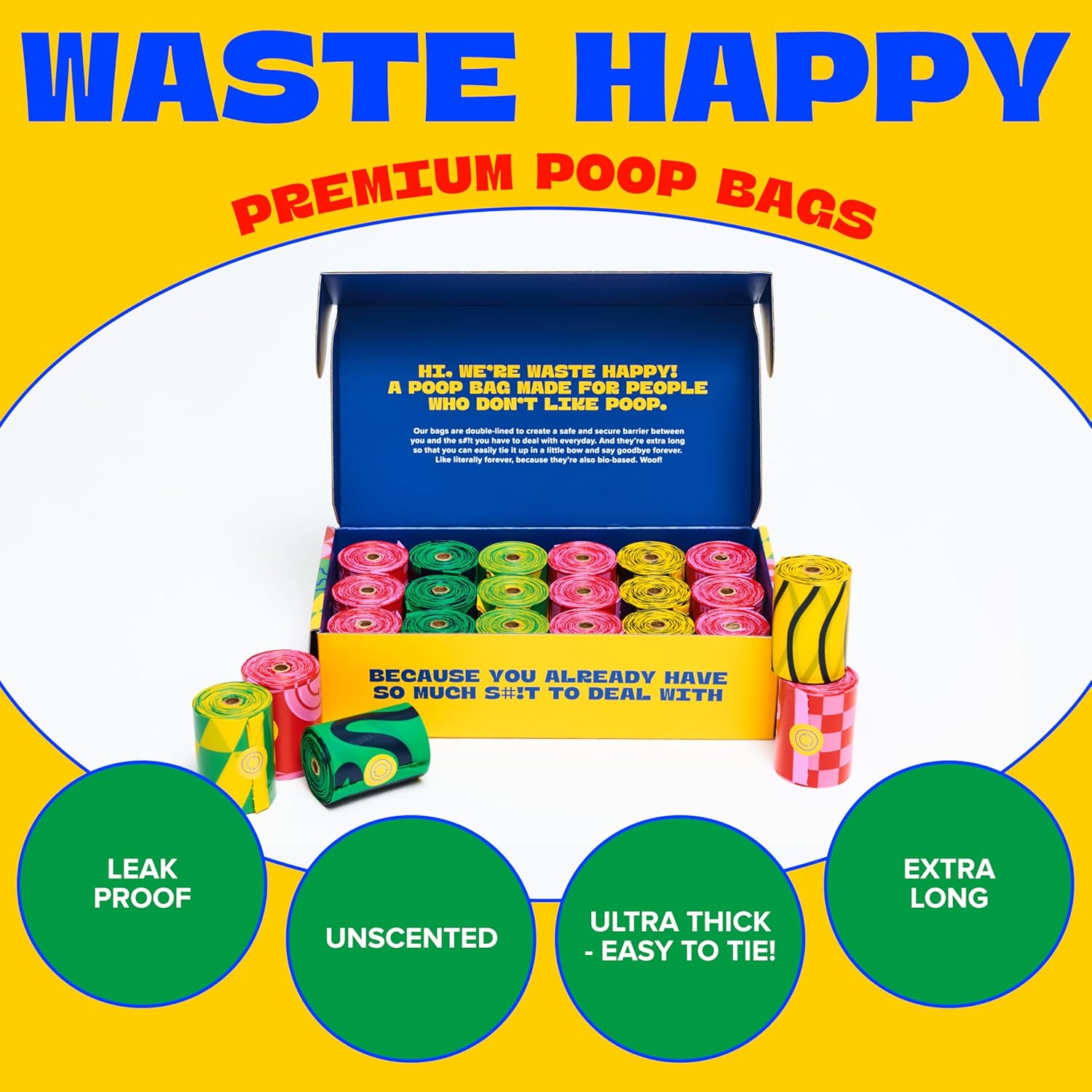 Dog Poop Bags Rolls 270 Count (18 Rolls) with 14" Dispenser with Capacity of 15 Bags - Yellow Silicone Dispensers & Ultra Thick, up to 300% Stronger Poop Bags