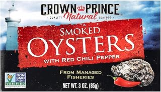 Crown Prince Naturally Smoked Oysters with Red Chili Pepper, 3 oz Can - Spicy, Premium Seafood Snack