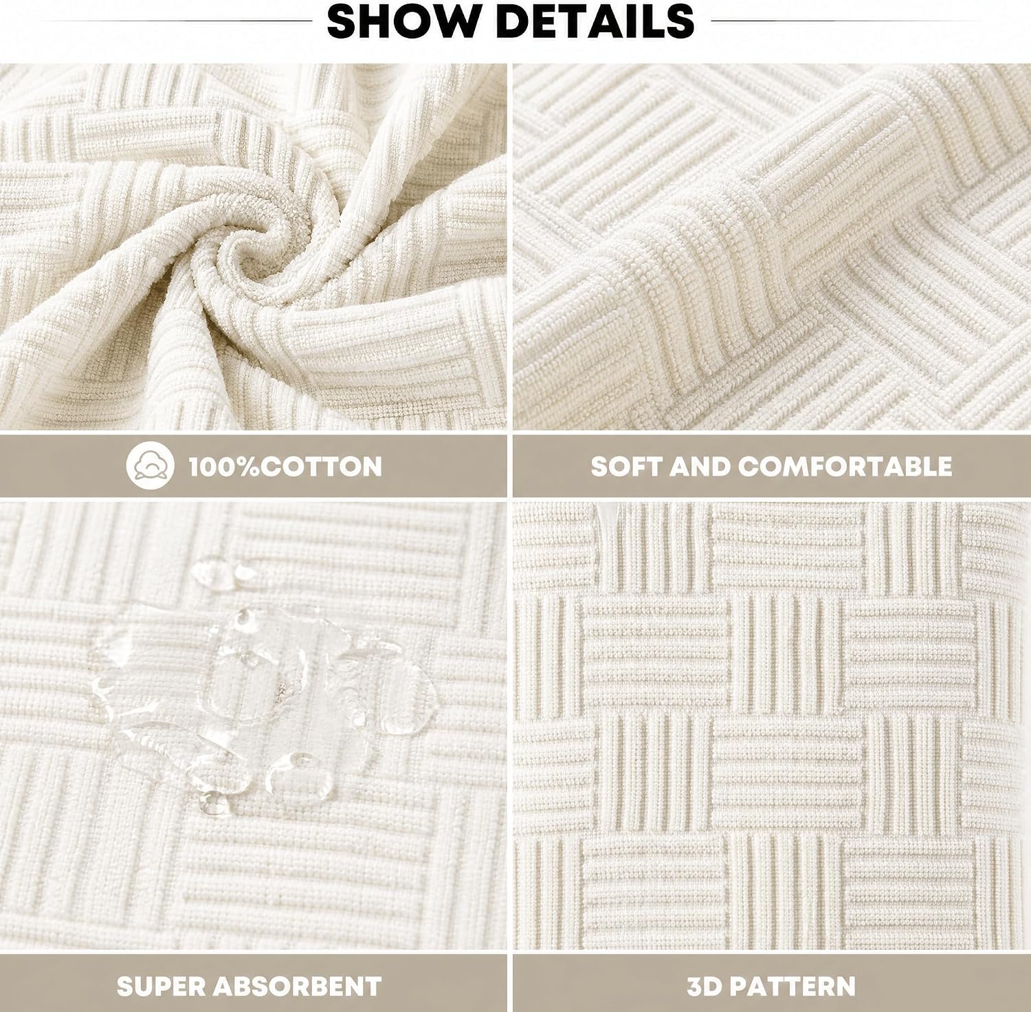 Artoid Mode 2 Pcs Beige 3D Weave Stripe Hand Towels for Bathroom, 100% Cotton Soft Absorbent Bathroom Decor Towels, 13.7 x 29.5 Inch