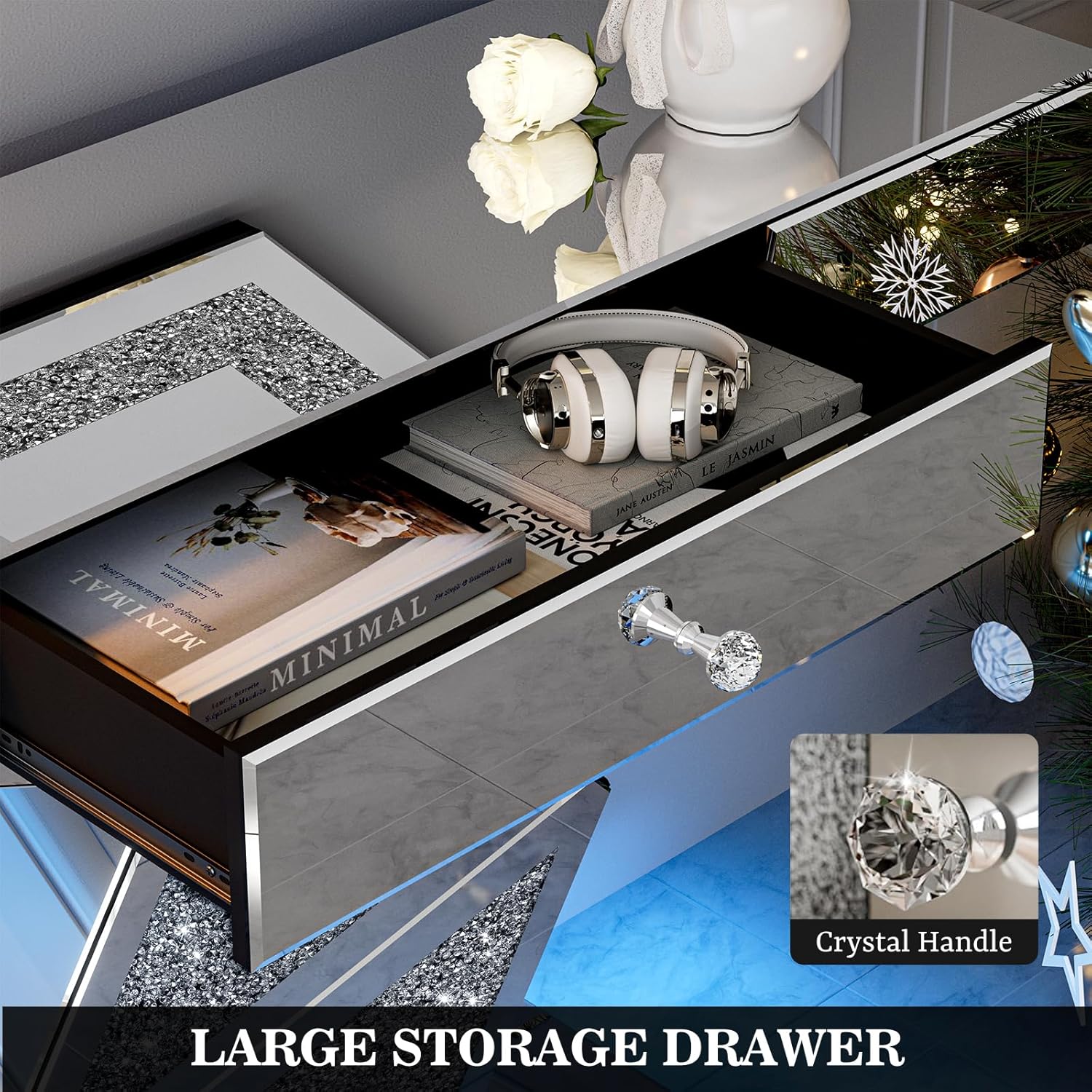 IKIFLY Set of 2 LED Mirrored Console Table with Octagonal Decorative Wall Mirror, 47.2'' Silver Entryway Sofa Table with 27" Crushed Diamond Wall Mirror Set for Living Room, Hallway, Foyer, Entrance