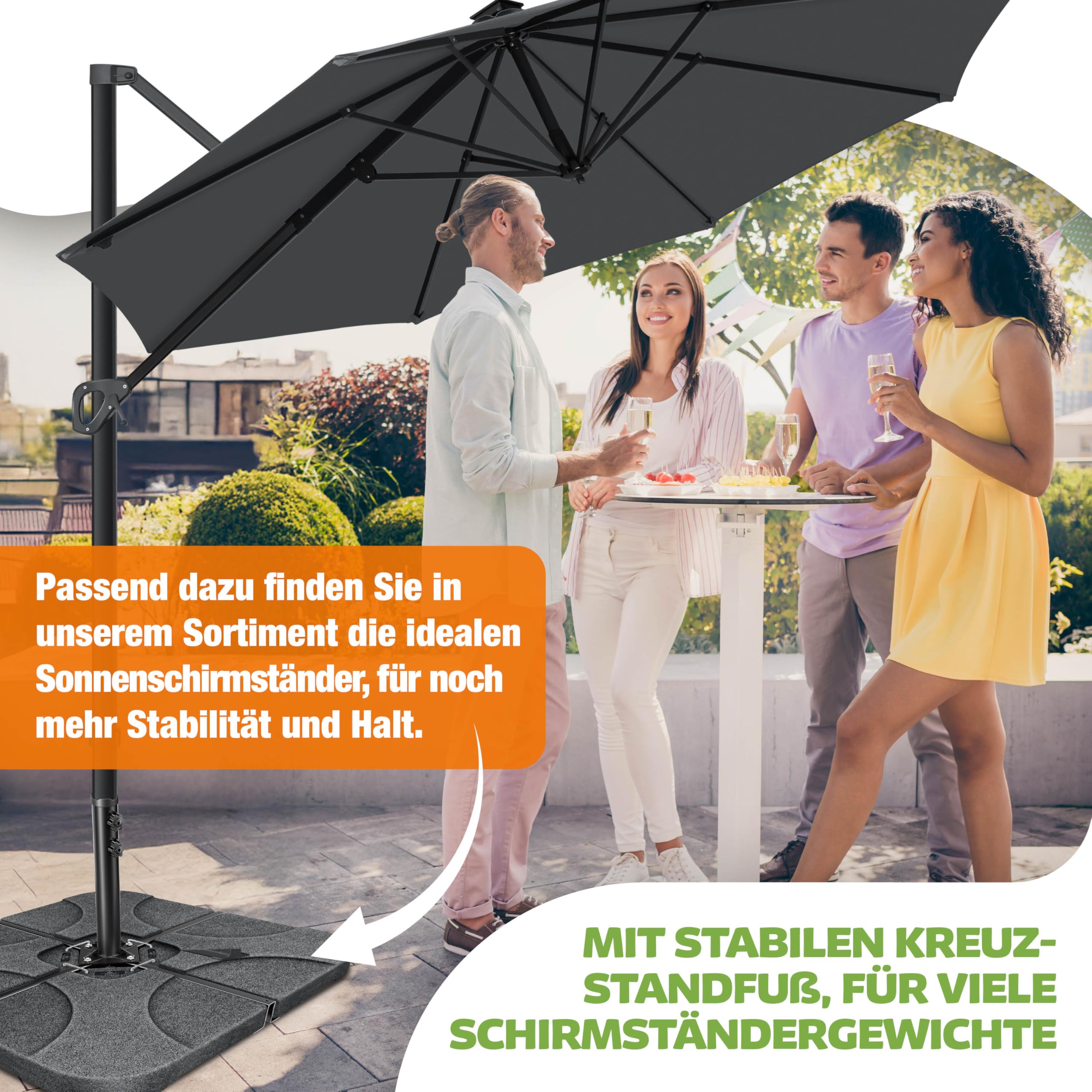 KESSER® Sonnenschirm Ampelschirm SUN Rund XL Ø330 cm Inkl. Abdeckung, 7-Fach Verstellbar Drehbar Neigbar Kippbar Groß 360° Drehbar Gartenschirm mit Kurbel Sonnenschutz UV50+ Anthrazit
