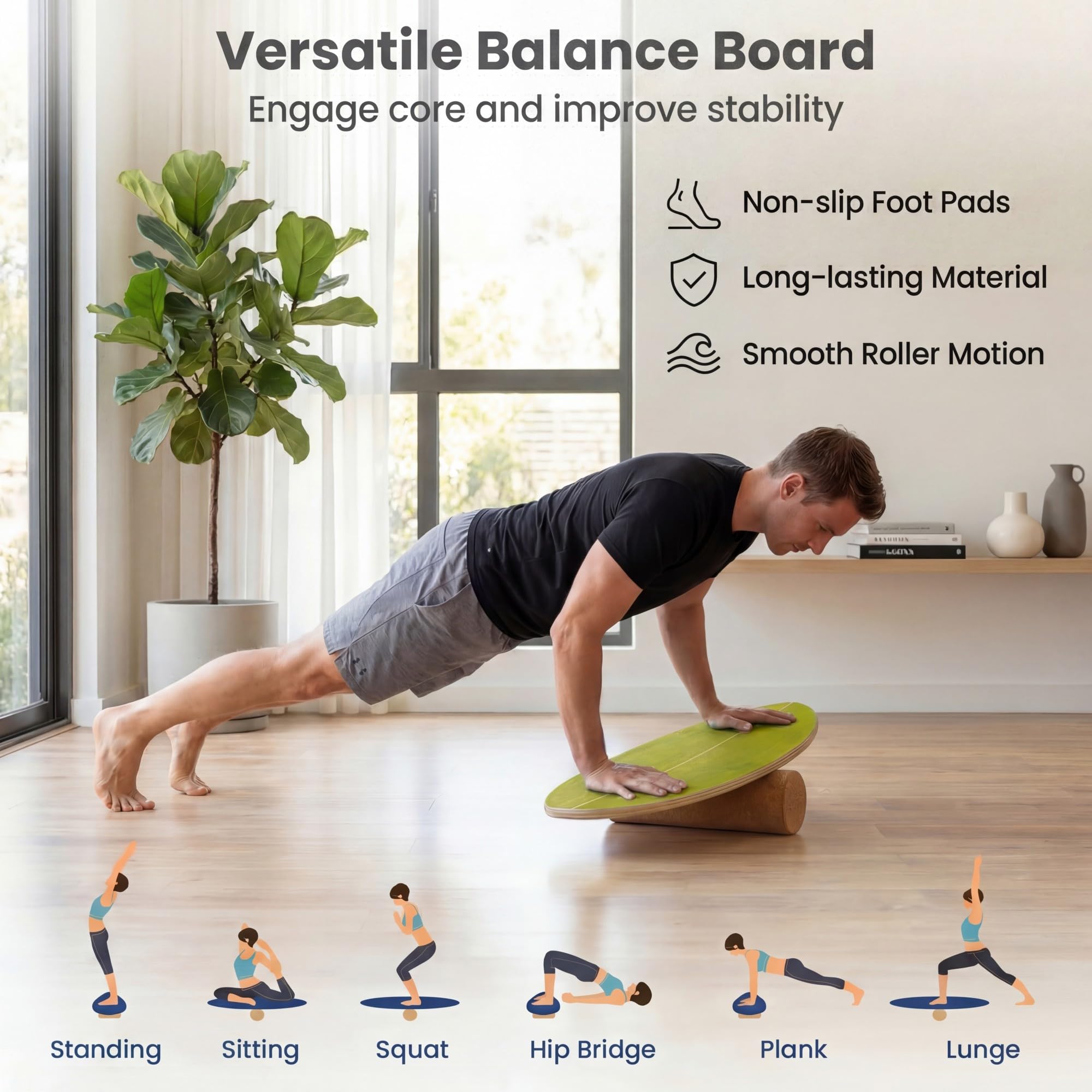 KOMFOTTEU Balance Board mit Korkrolle & Halter, Balancebrett aus Birkenholz, Gleichgewichtsboard Indoor Training Surfen Skaten, Wackelbrett Trickboard max.150kg belastbar
