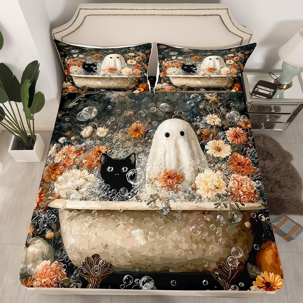 Erosebridal Halloween Vintage Ghost Twin Bed Sheets Boho Floral Boho Bathtub Fitted Sheet for Kids Boys Girls Halloween