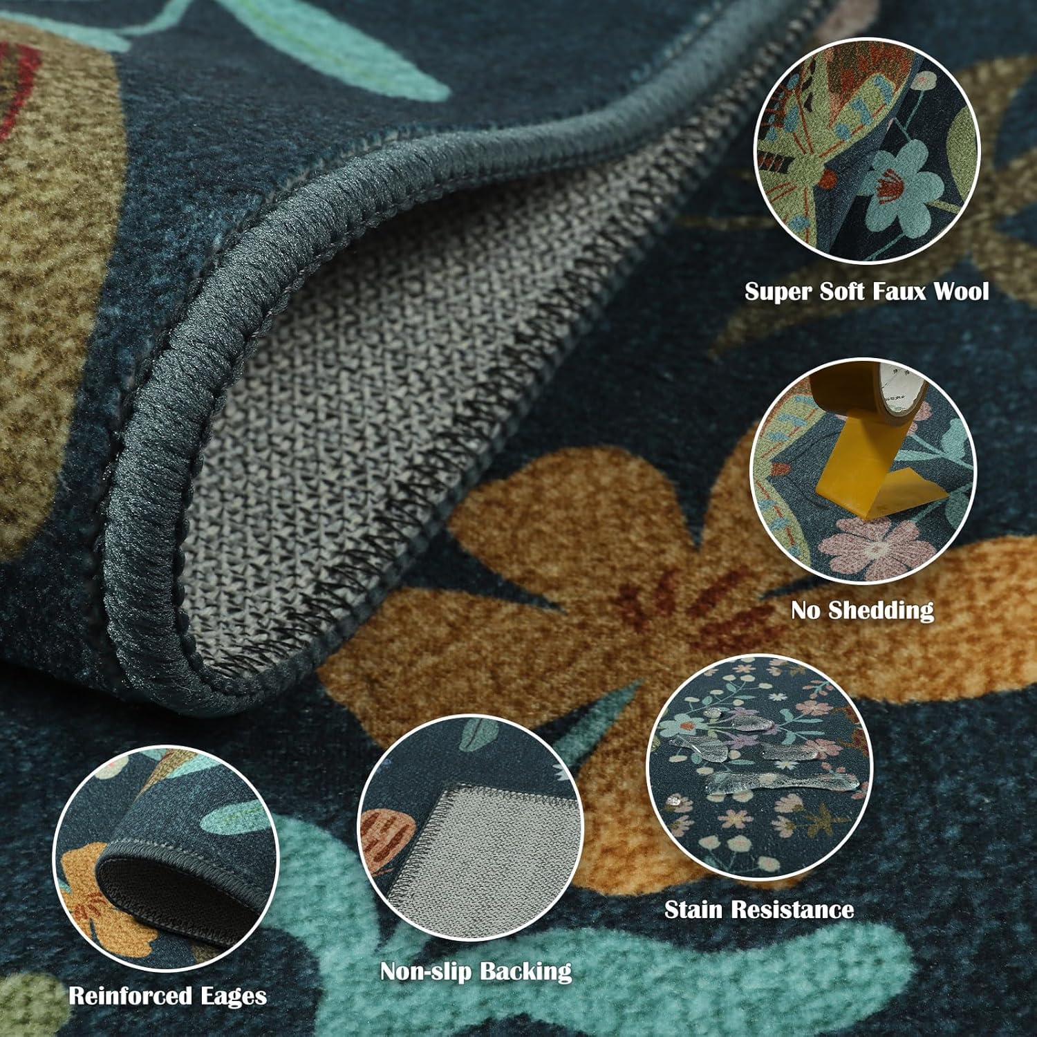 Terrug 5x7 Dark Green Floral Area Rug for Living Room,Boho Machine Washable Ultra-Thin Rugs with Non-Slip Blacking for Bedroom,Large Flower Carpet for Dining Room Playroom Floor Decor