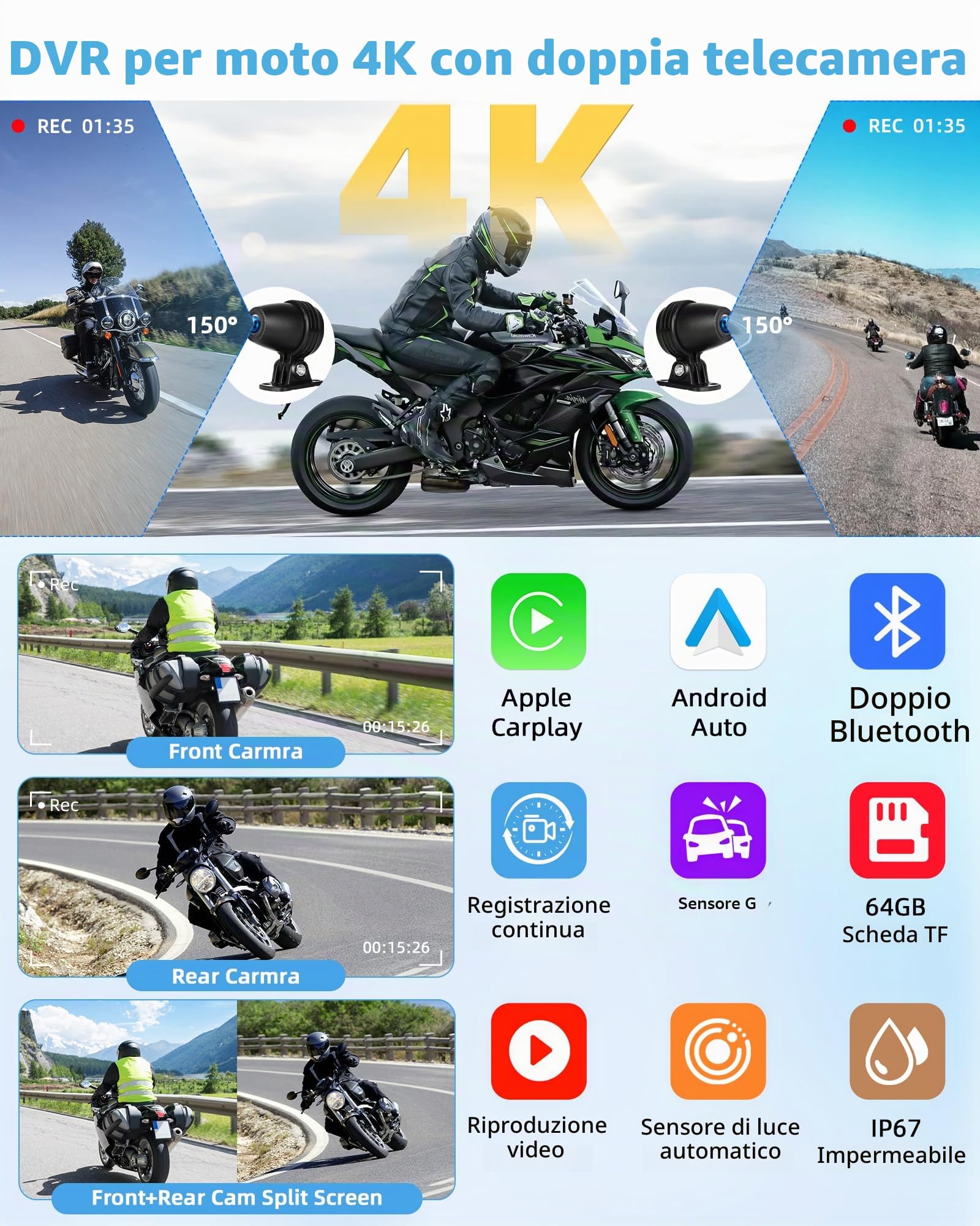 4K Carplay Moto Android Auto Motociclett acon Dashcam, 6,25 Pollici Carplay moto Schermo Navigatore Moto GPS Dashcam IP67 Impermeabile Touchscreen Bluetooth 64G TF