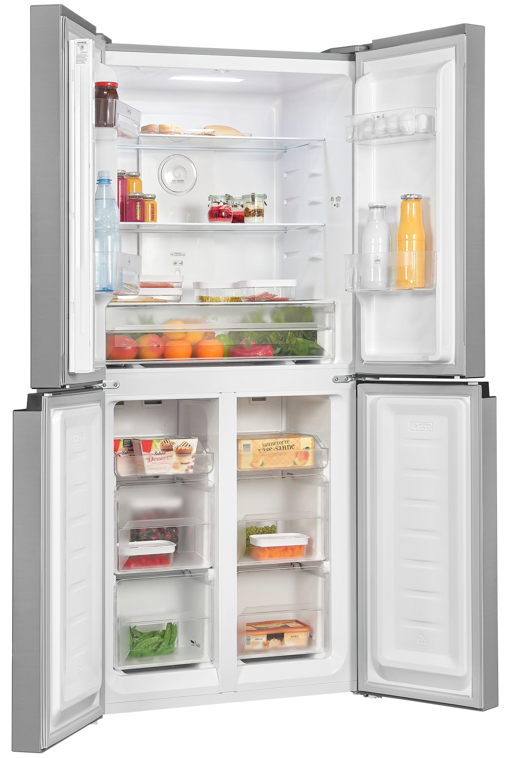 Exquisit® Frigorífico Americano, 4 Puertas, 362L, Clase D, Material Acero Inox, Tecnologia No-Frost, Display Digital en Puerta, Cajon Verdulero Siempre Fresco, Consumo 210 kWh/año, Medidas 180x79x62Cm