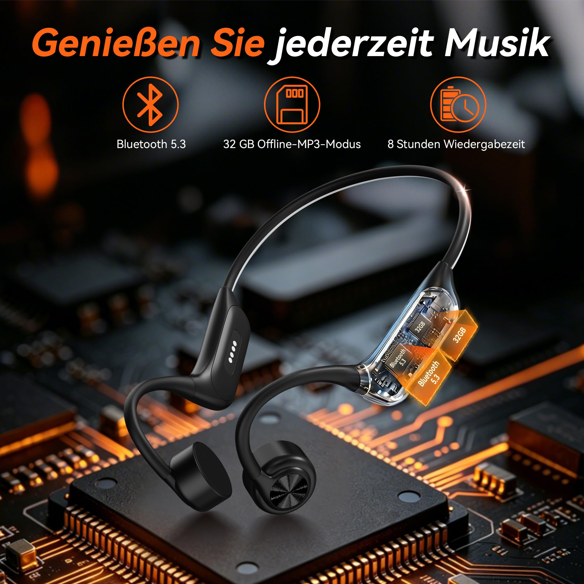 Wantek Knochenschall Kopfhörer Schwimmen IP68 Wasserdicht, Bluetooth 5.3 Open Ear Kopfhörer mit 32GB MP3 Player, Kabellose Sportkopfhörer für Schwimmen, Laufen, Radfahren, 8 Std. Akku