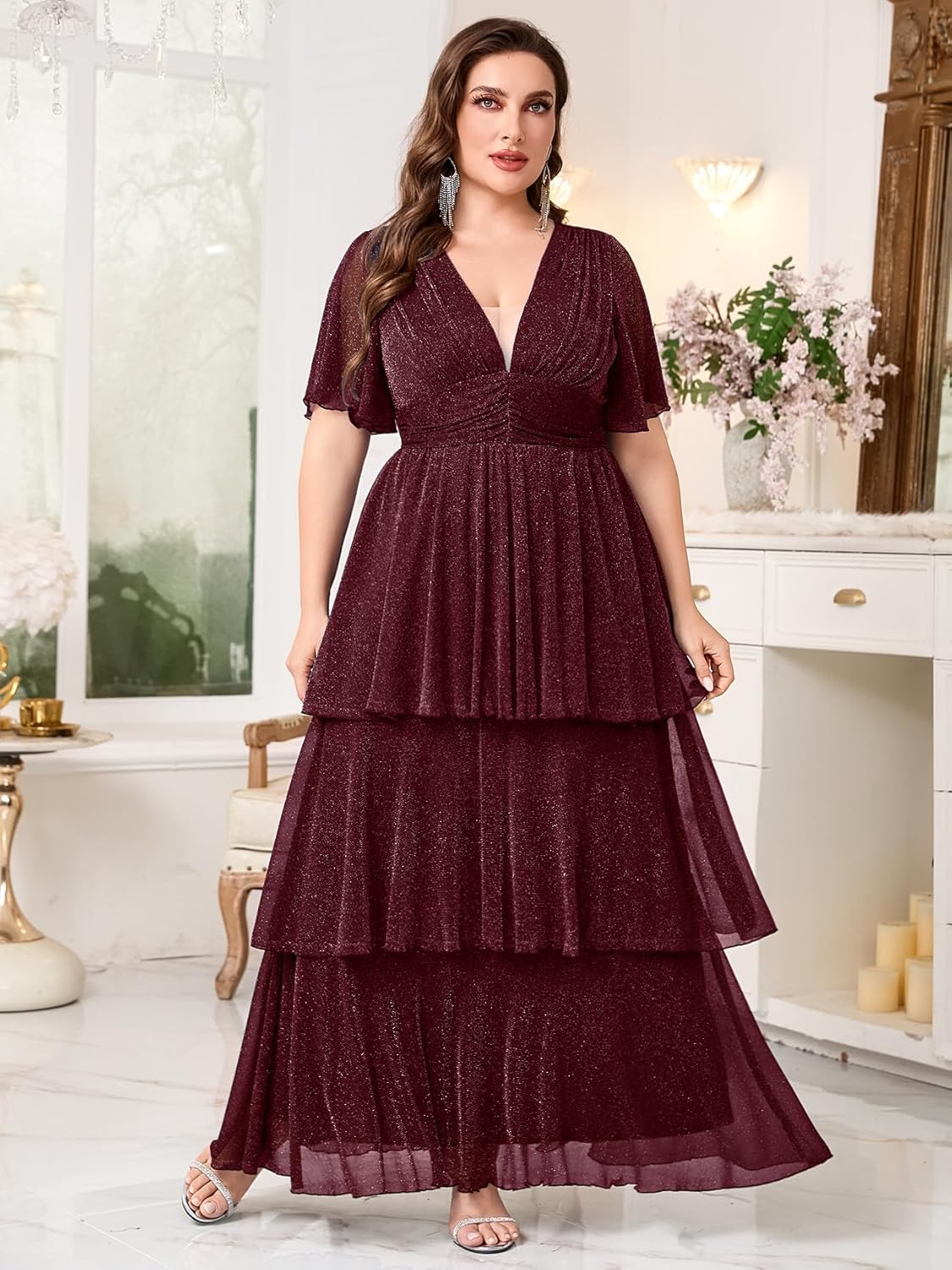 Plus Size Formal Evening Gown Glitter V Neck Ruffle Sleeve Elegant Flowy Tiered Maxi Wedding Guest Party Dress