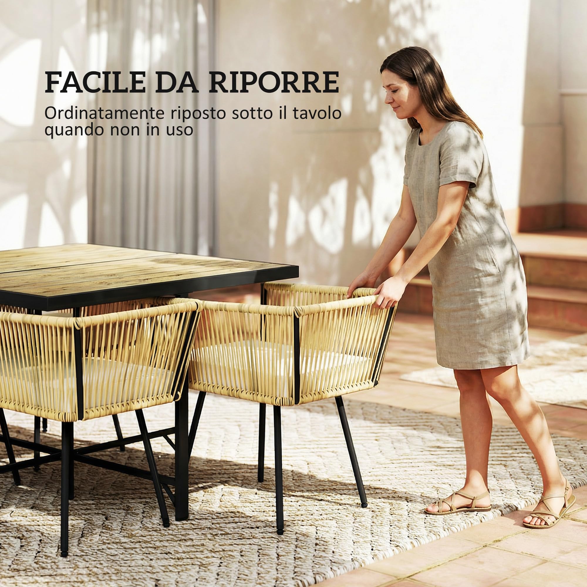 Outsunny Set Tavolo e Sedie da Giardino in Rattan 5 Pezzi, Pranzo Esterno con Tavolo Effetto Legno, Cuscini Lavabili, Salvaspazio