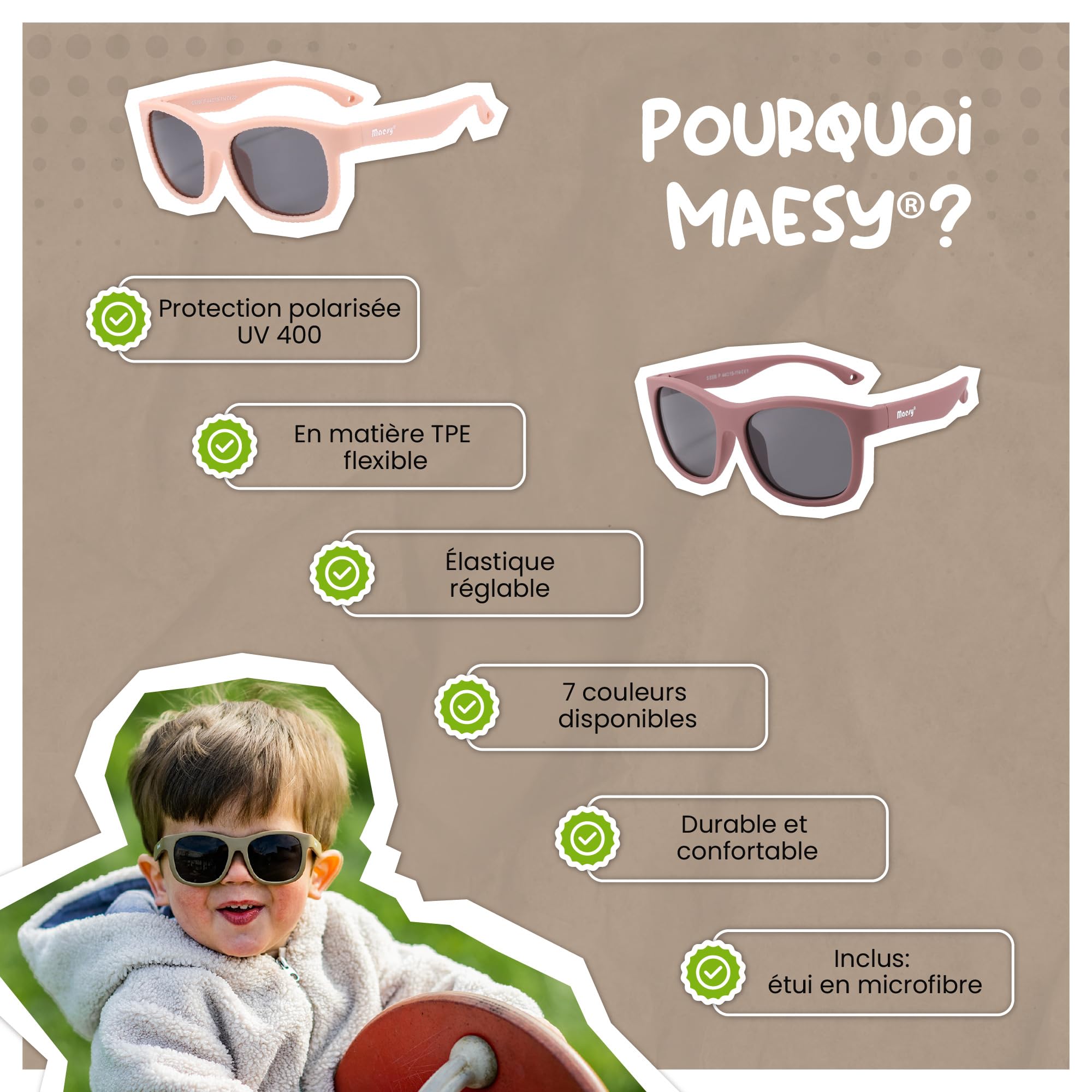 Lunettes de Soleil Bébé et Tout-Petit - 1-3 Ans - Protection UV400 Polarisée - Cadre Flexible et Pliable - Bande Élastique Réglable - Lunettes de Soleil Sûres et Confortables - Luca