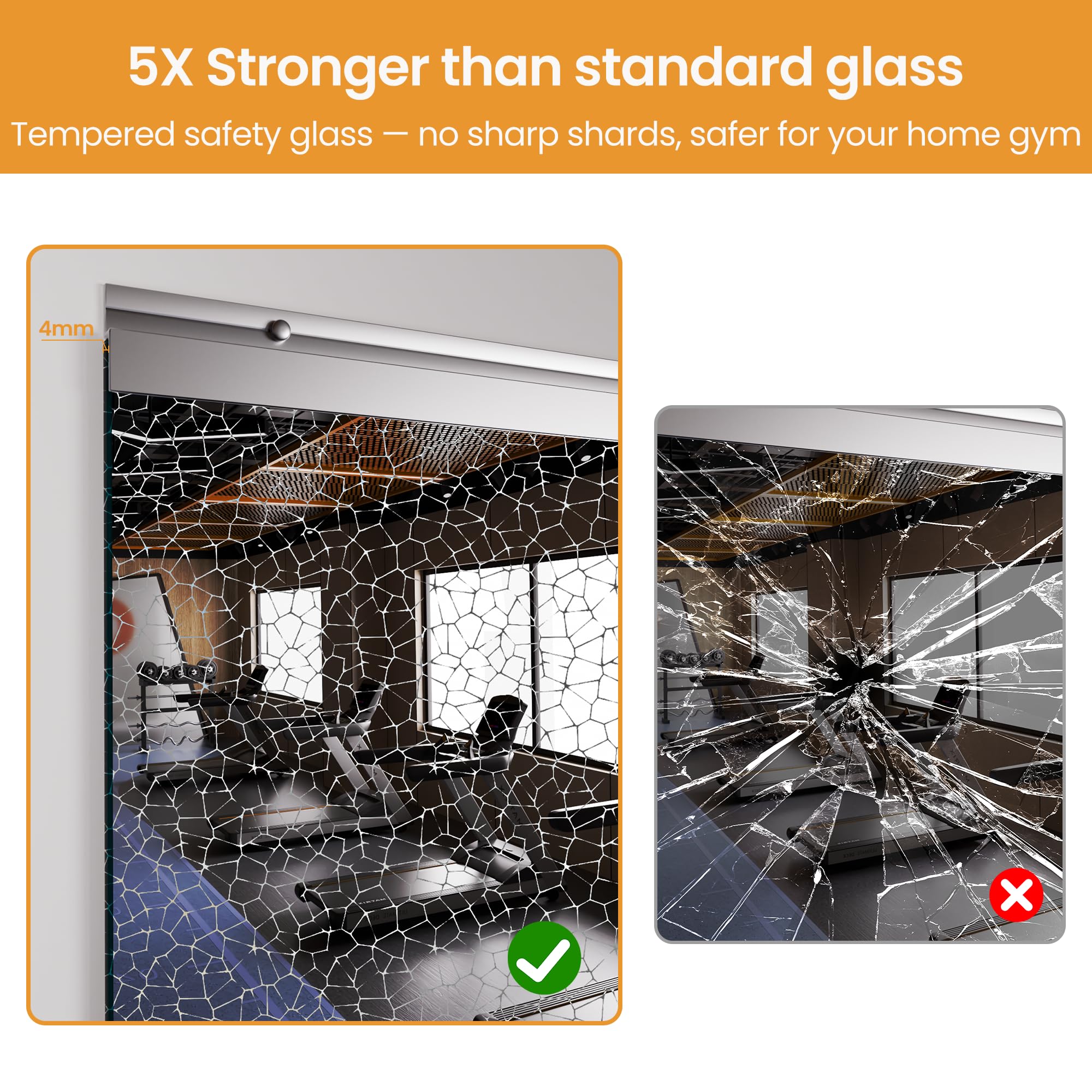 Paquete de 2 espejos grandes de 67 x 24 pulgadas, espejo de pared de vidrio templado sin marco para el hogar, yoga, baile, estudio, sala de estar