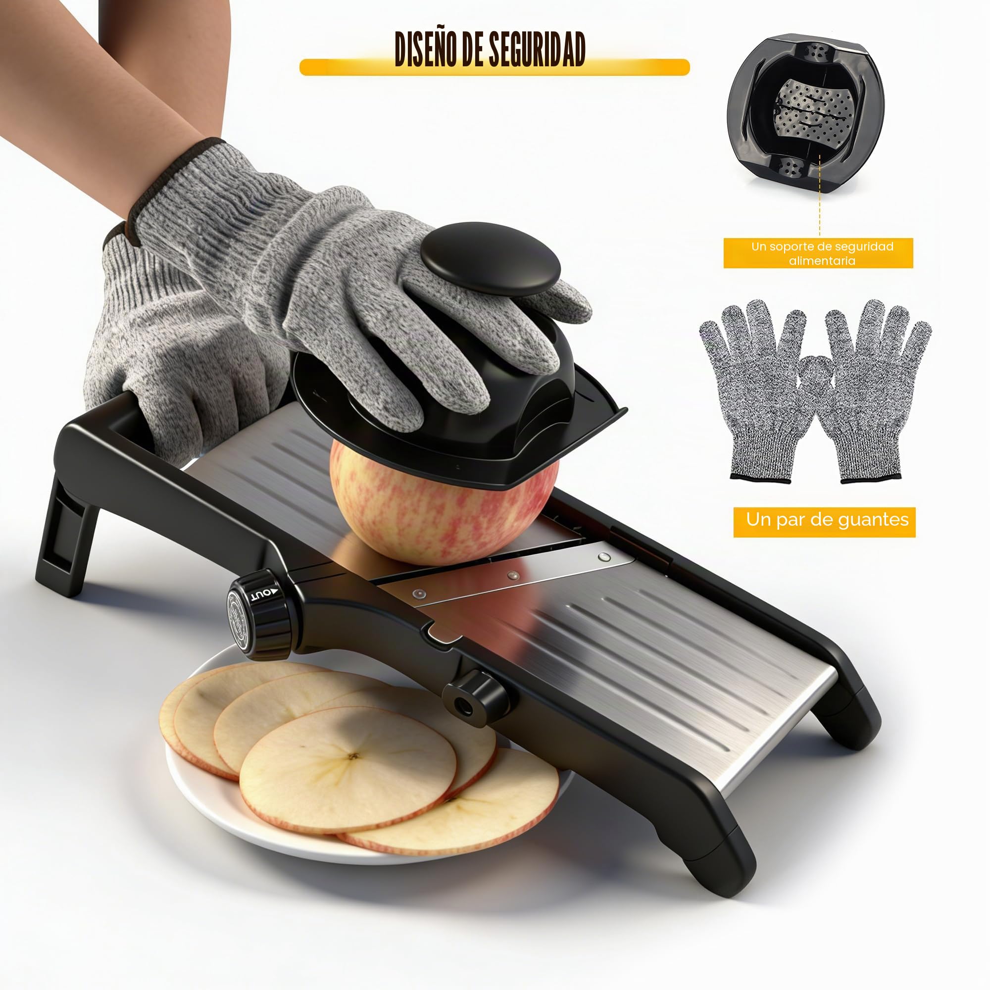 Mandolina cortadora de cocina ajustable de acero inoxidable para verduras, cebolla, patatas, panqueques, patatas, panqueques, hoja ajustable 7 en 1, incluye 1 par de guantes