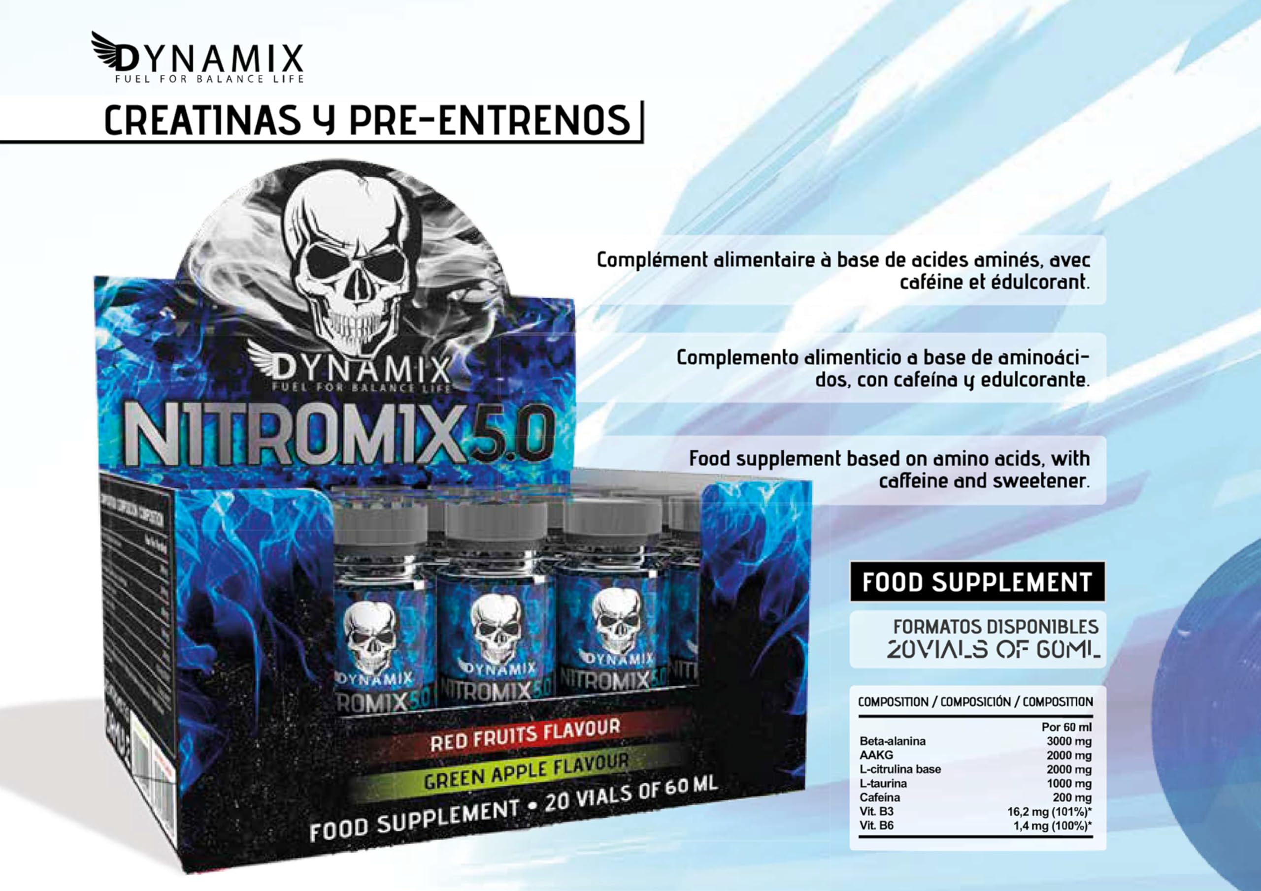 DYNAMIX NUTRITION Nitromix 5.0 Pre-Entreno Pack 20 Viales x 60 ml Aumenta la Energía Sabor Lima Limón
