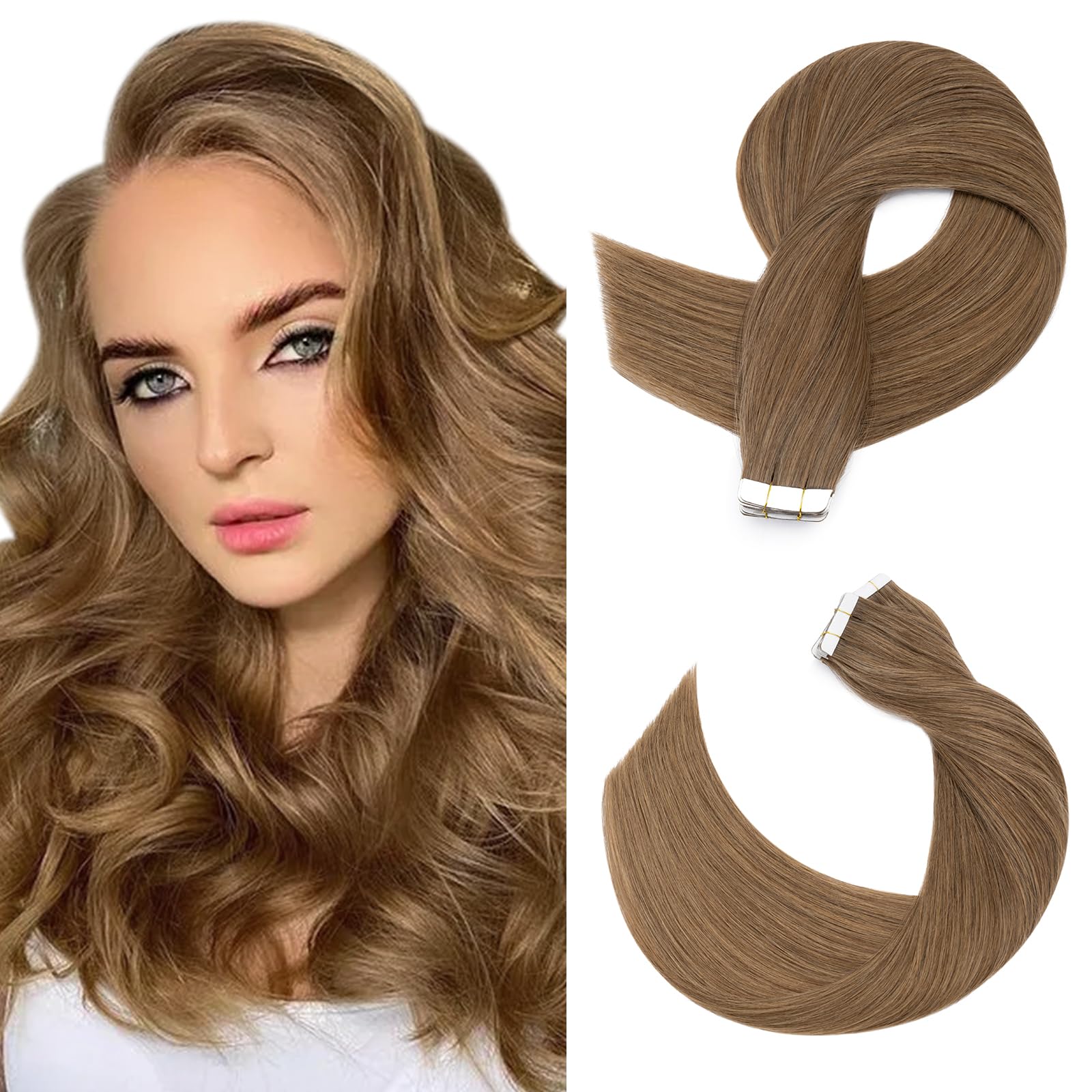 SEGOHAIR Tape in Hair Extensions Human Hair, 14" Invisible 10Pcs Real Hair Straight Natural Remy Tape Hair Extensions - Light Brown
